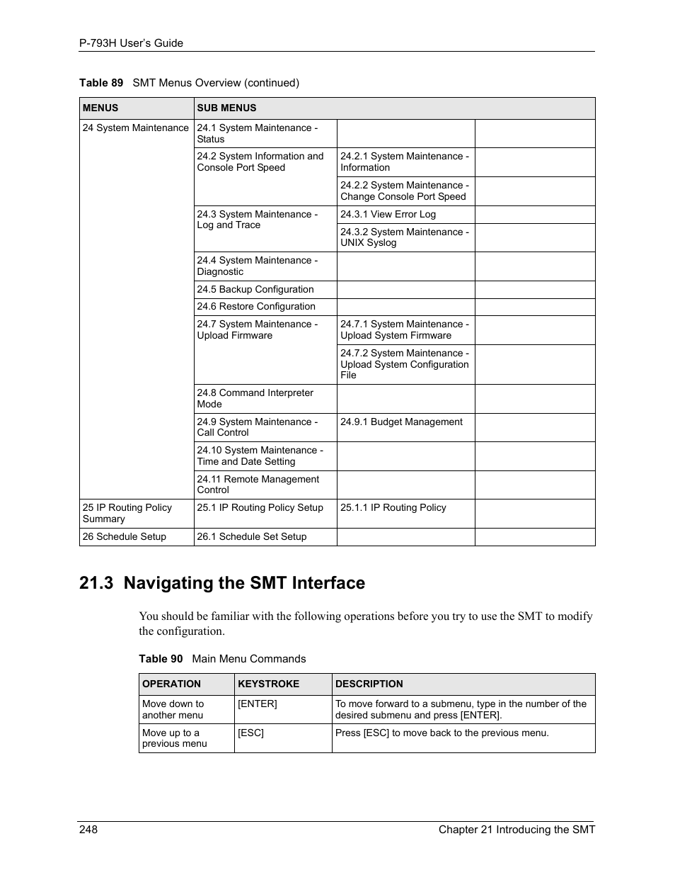 3 navigating the smt interface, Table 90 main menu commands | ZyXEL Communications G.SHDSL.bis 4-port Security Gateway P-793H User Manual | Page 248 / 432