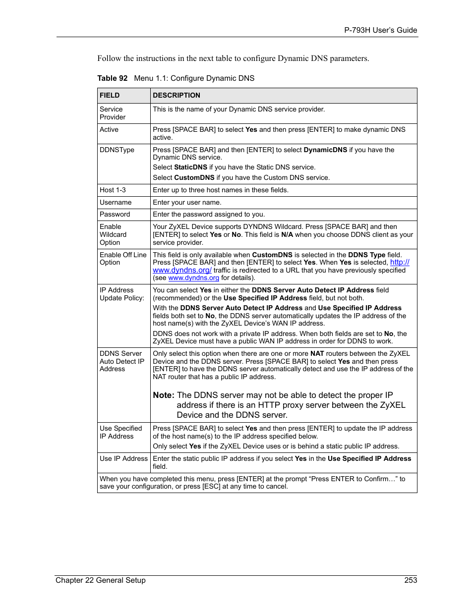 Table 92 menu 1.1: configure dynamic dns | ZyXEL Communications G.SHDSL.bis 4-port Security Gateway P-793H User Manual | Page 253 / 432