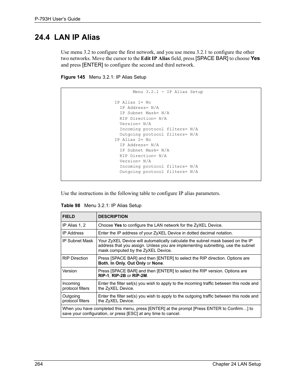 4 lan ip alias, Figure 145 menu 3.2.1: ip alias setup, Table 98 menu 3.2.1: ip alias setup | ZyXEL Communications G.SHDSL.bis 4-port Security Gateway P-793H User Manual | Page 264 / 432