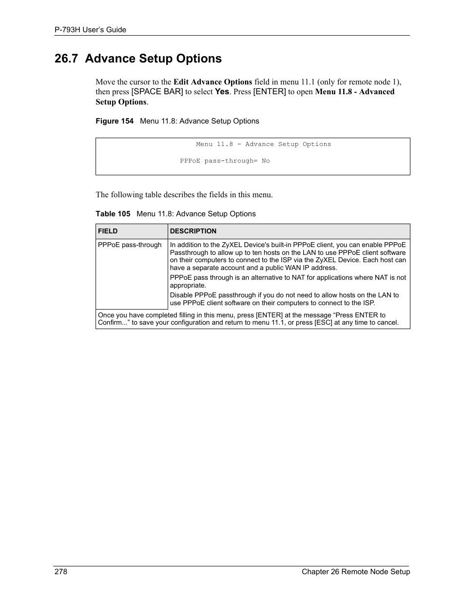 7 advance setup options, Figure 154 menu 11.8: advance setup options, Table 105 menu 11.8: advance setup options | ZyXEL Communications G.SHDSL.bis 4-port Security Gateway P-793H User Manual | Page 278 / 432