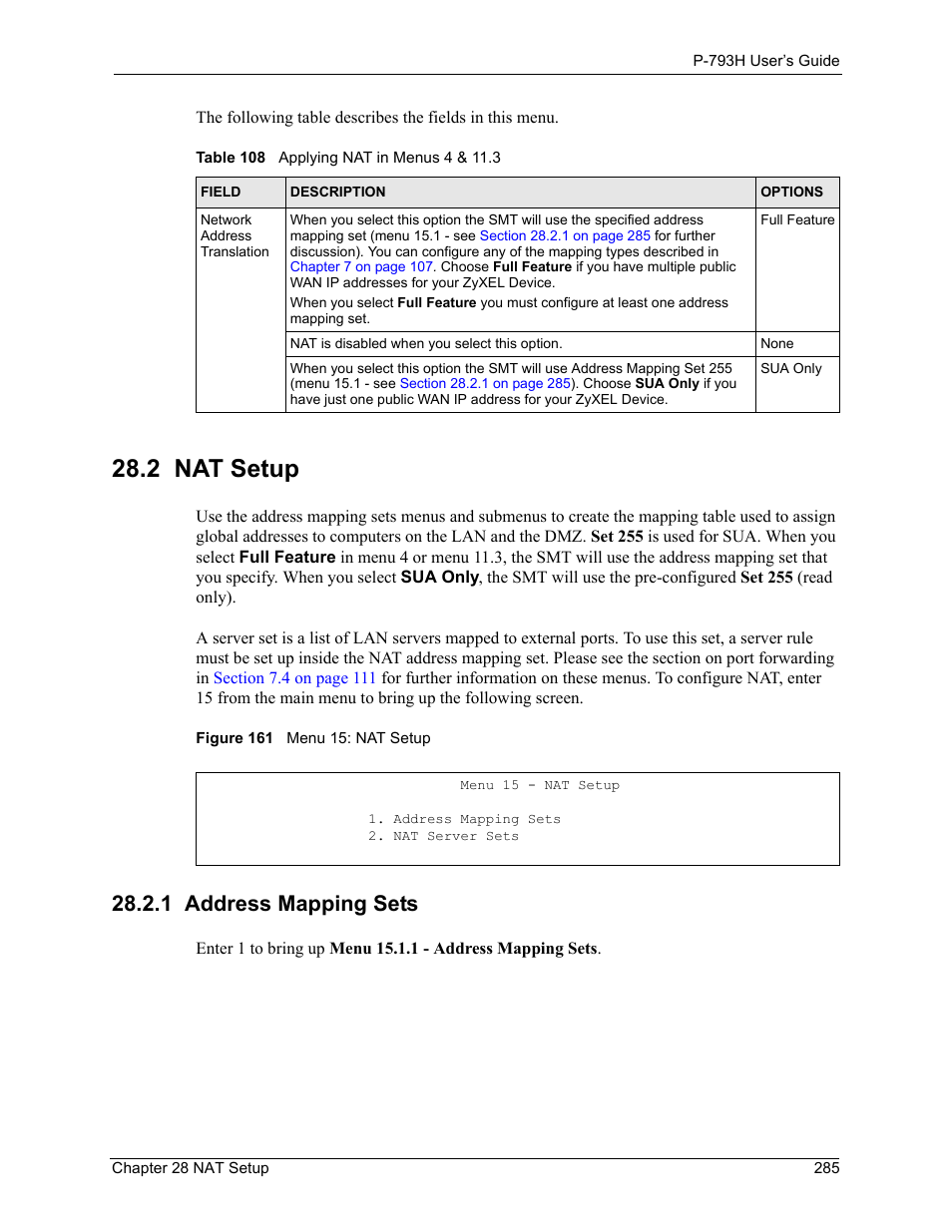 2 nat setup, 1 address mapping sets, Figure 161 menu 15: nat setup | Table 108 applying nat in menus 4 & 11.3 | ZyXEL Communications G.SHDSL.bis 4-port Security Gateway P-793H User Manual | Page 285 / 432