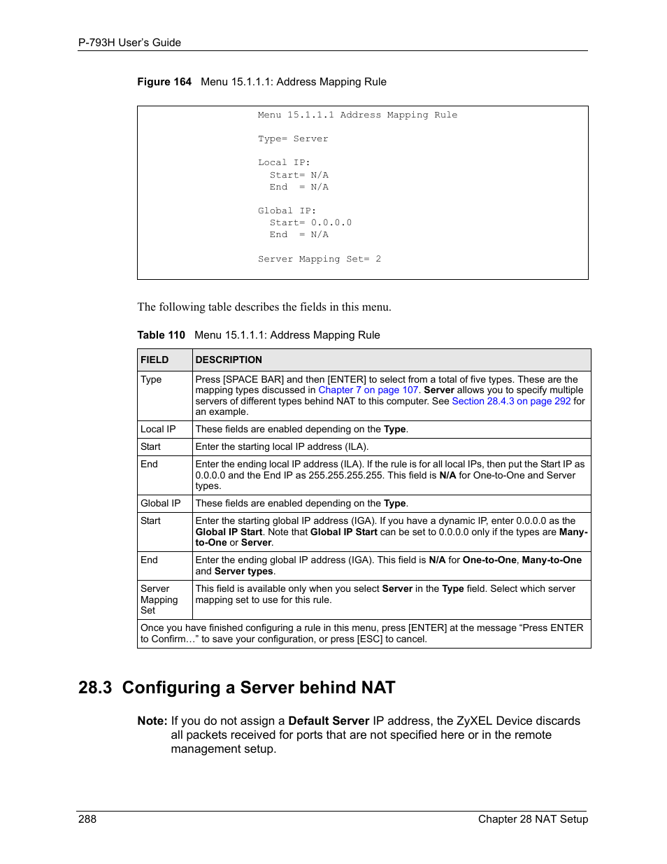 3 configuring a server behind nat, Figure 164 menu 15.1.1.1: address mapping rule, Table 110 menu 15.1.1.1: address mapping rule | ZyXEL Communications G.SHDSL.bis 4-port Security Gateway P-793H User Manual | Page 288 / 432