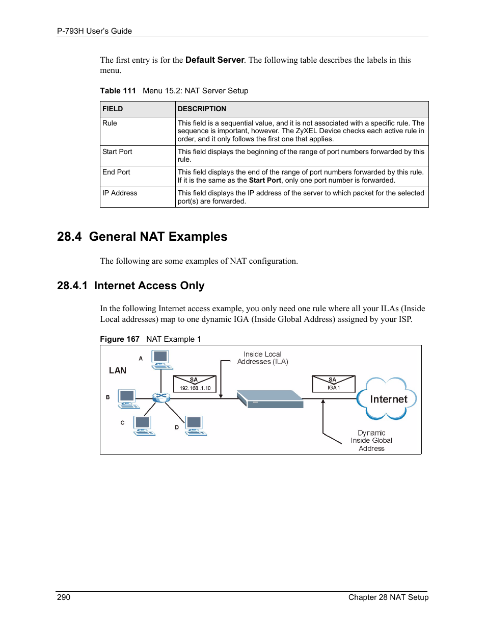 4 general nat examples, 1 internet access only, Figure 167 nat example 1 | Table 111 menu 15.2: nat server setup | ZyXEL Communications G.SHDSL.bis 4-port Security Gateway P-793H User Manual | Page 290 / 432