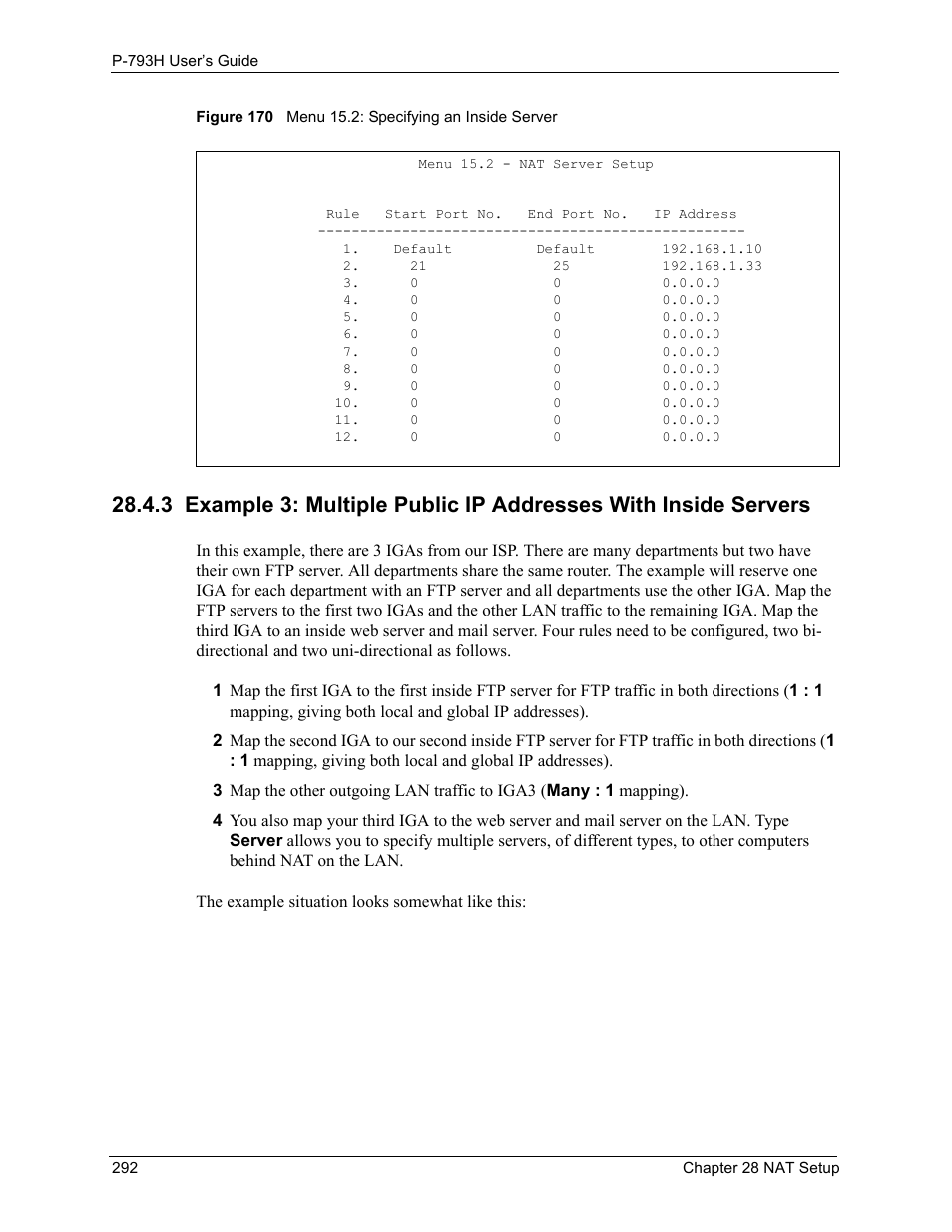 Figure 170 menu 15.2: specifying an inside server | ZyXEL Communications G.SHDSL.bis 4-port Security Gateway P-793H User Manual | Page 292 / 432