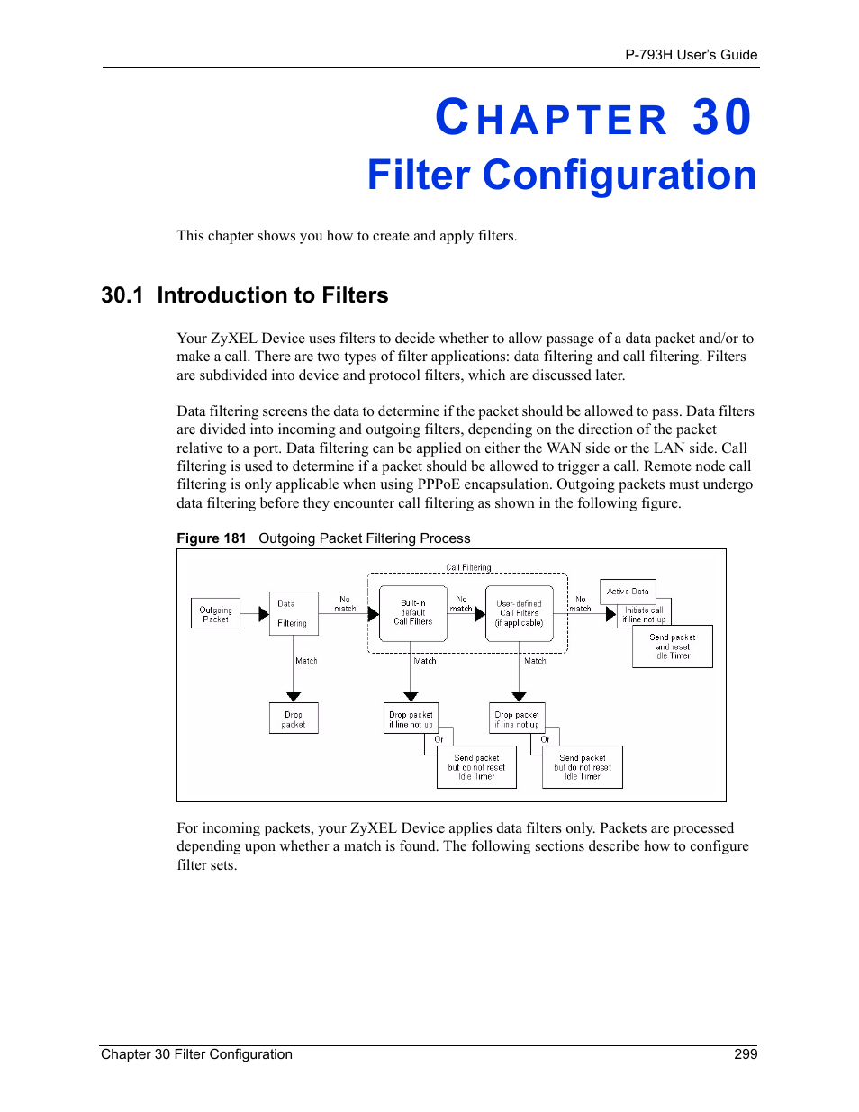 Filter configuration, 1 introduction to filters, Chapter 30 filter configuration | Figure 181 outgoing packet filtering process | ZyXEL Communications G.SHDSL.bis 4-port Security Gateway P-793H User Manual | Page 299 / 432