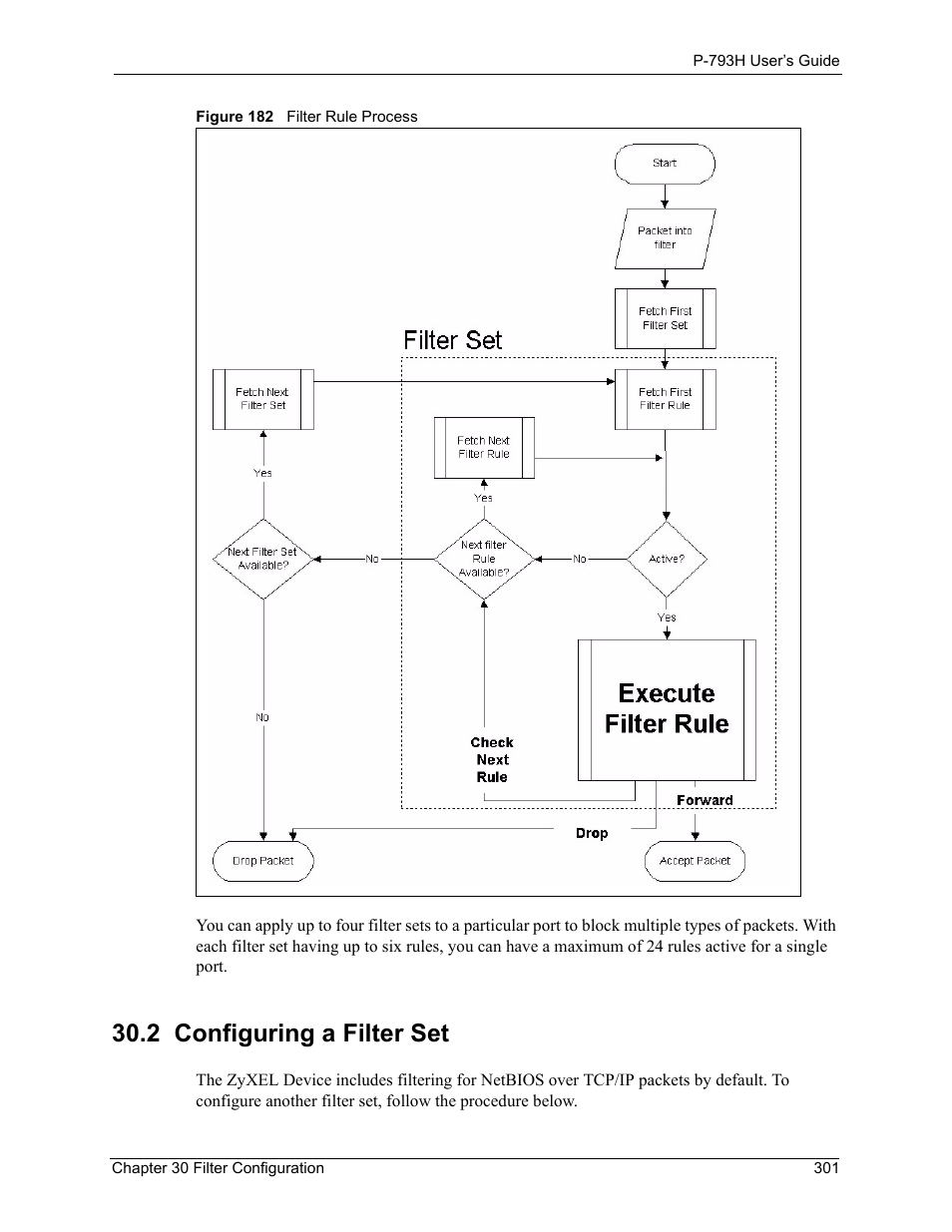 2 configuring a filter set, Figure 182 filter rule process | ZyXEL Communications G.SHDSL.bis 4-port Security Gateway P-793H User Manual | Page 301 / 432
