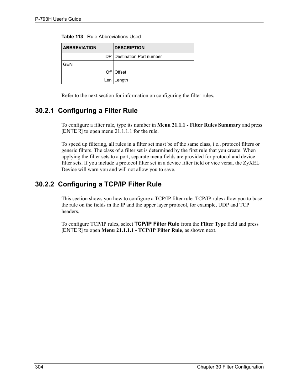 1 configuring a filter rule, 2 configuring a tcp/ip filter rule | ZyXEL Communications G.SHDSL.bis 4-port Security Gateway P-793H User Manual | Page 304 / 432