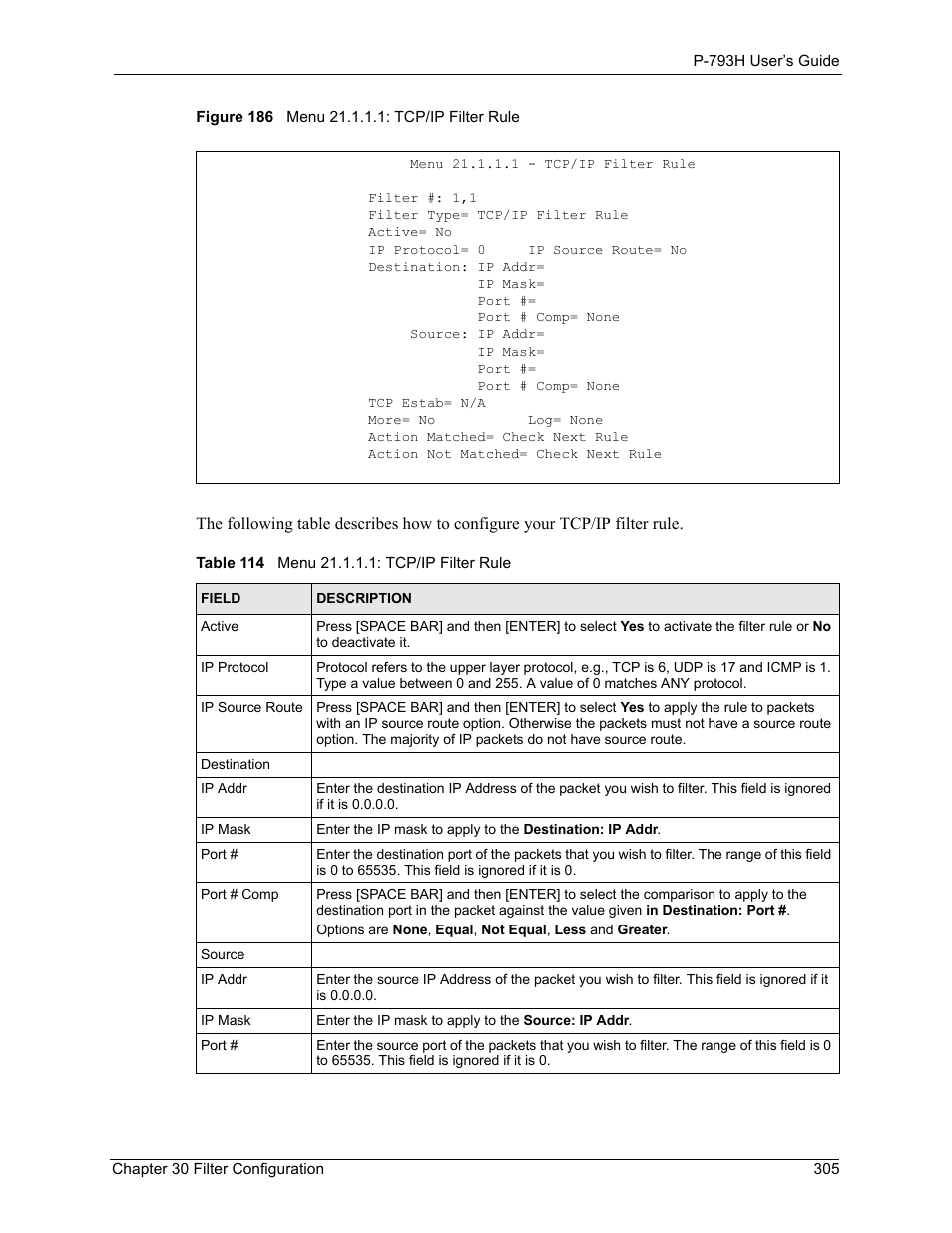 Figure 186 menu 21.1.1.1: tcp/ip filter rule, Table 114 menu 21.1.1.1: tcp/ip filter rule | ZyXEL Communications G.SHDSL.bis 4-port Security Gateway P-793H User Manual | Page 305 / 432