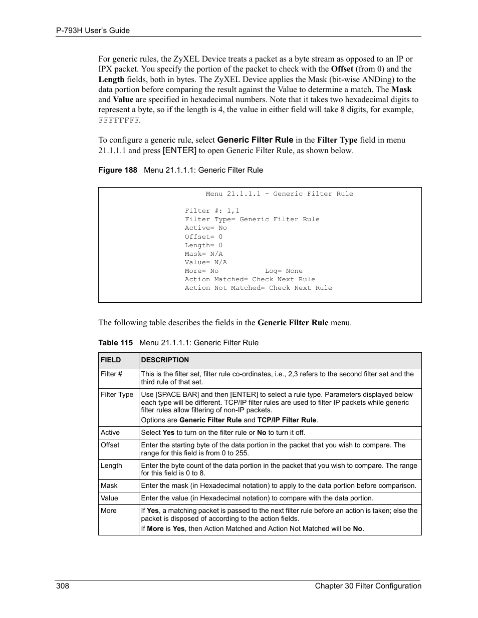 Figure 188 menu 21.1.1.1: generic filter rule, Table 115 menu 21.1.1.1: generic filter rule | ZyXEL Communications G.SHDSL.bis 4-port Security Gateway P-793H User Manual | Page 308 / 432