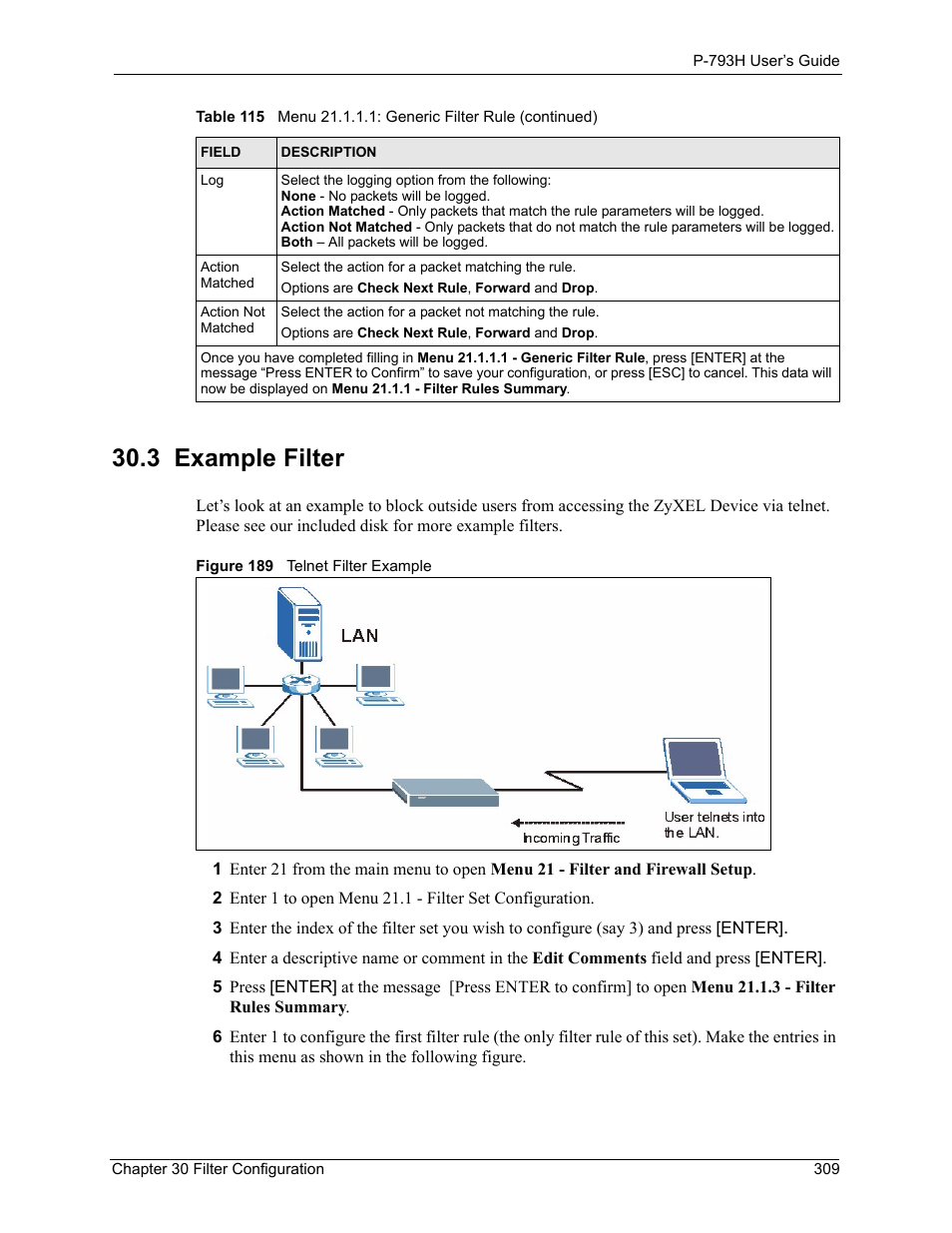 3 example filter, Figure 189 telnet filter example | ZyXEL Communications G.SHDSL.bis 4-port Security Gateway P-793H User Manual | Page 309 / 432