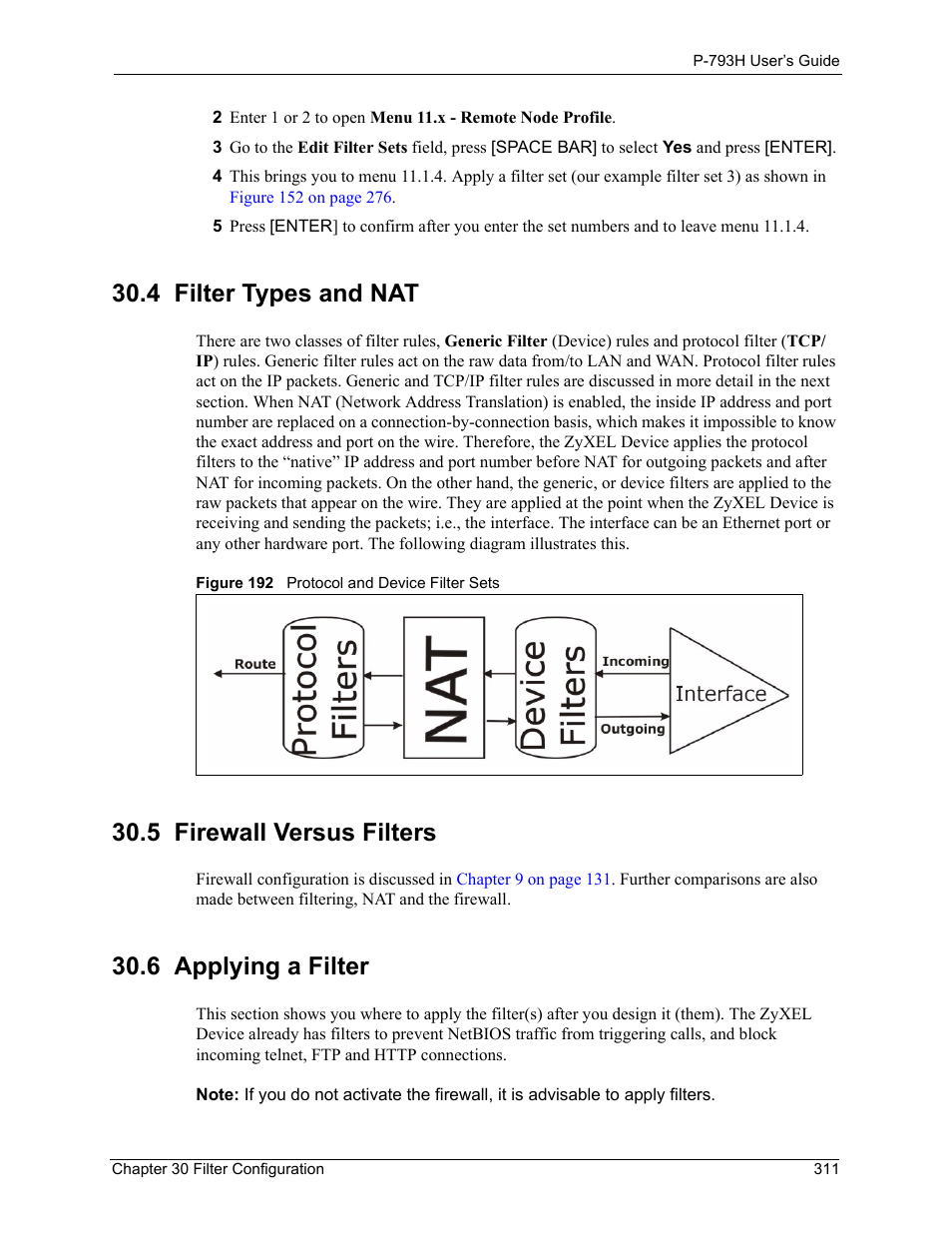 4 filter types and nat, 5 firewall versus filters, 6 applying a filter | Figure 192 protocol and device filter sets | ZyXEL Communications G.SHDSL.bis 4-port Security Gateway P-793H User Manual | Page 311 / 432
