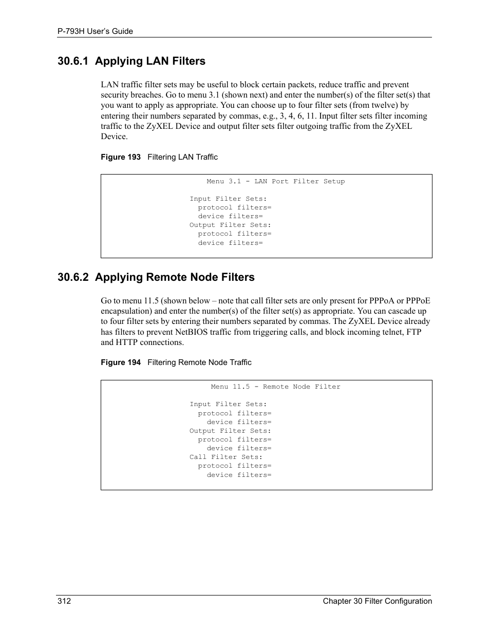 1 applying lan filters, 2 applying remote node filters | ZyXEL Communications G.SHDSL.bis 4-port Security Gateway P-793H User Manual | Page 312 / 432