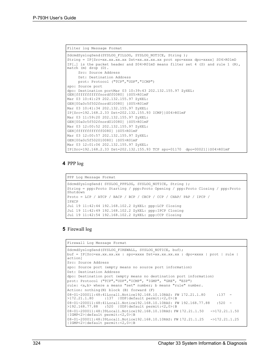 4 ppp log 5 firewall log | ZyXEL Communications G.SHDSL.bis 4-port Security Gateway P-793H User Manual | Page 324 / 432