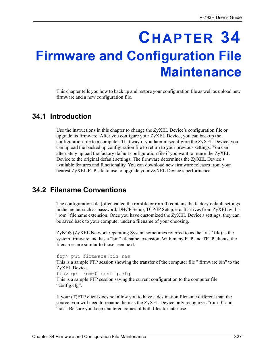 Firmware and configuration file maintenance, 1 introduction, 2 filename conventions | 1 introduction 34.2 filename conventions | ZyXEL Communications G.SHDSL.bis 4-port Security Gateway P-793H User Manual | Page 327 / 432