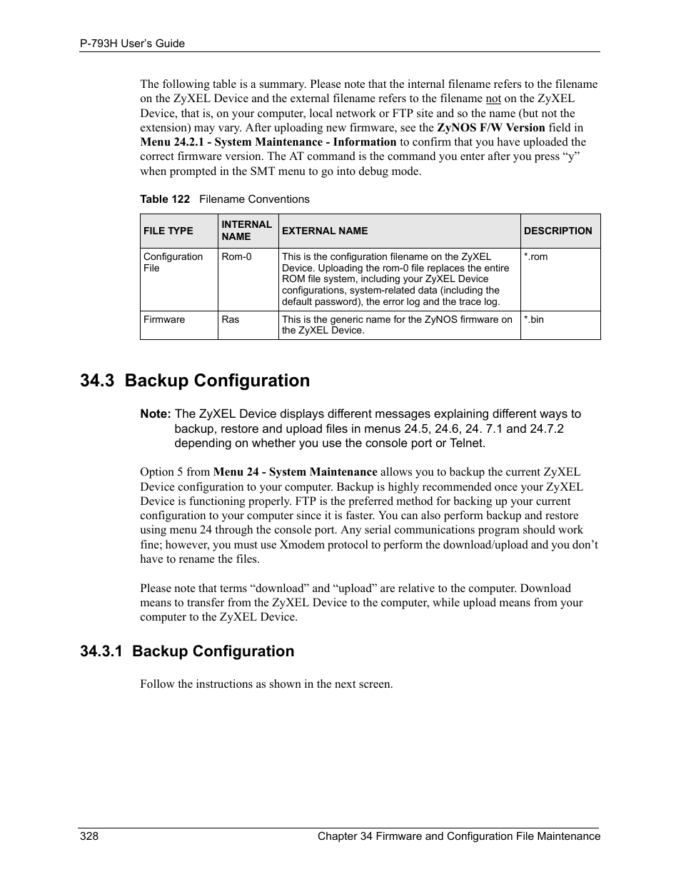3 backup configuration, 1 backup configuration, Table 122 filename conventions | ZyXEL Communications G.SHDSL.bis 4-port Security Gateway P-793H User Manual | Page 328 / 432