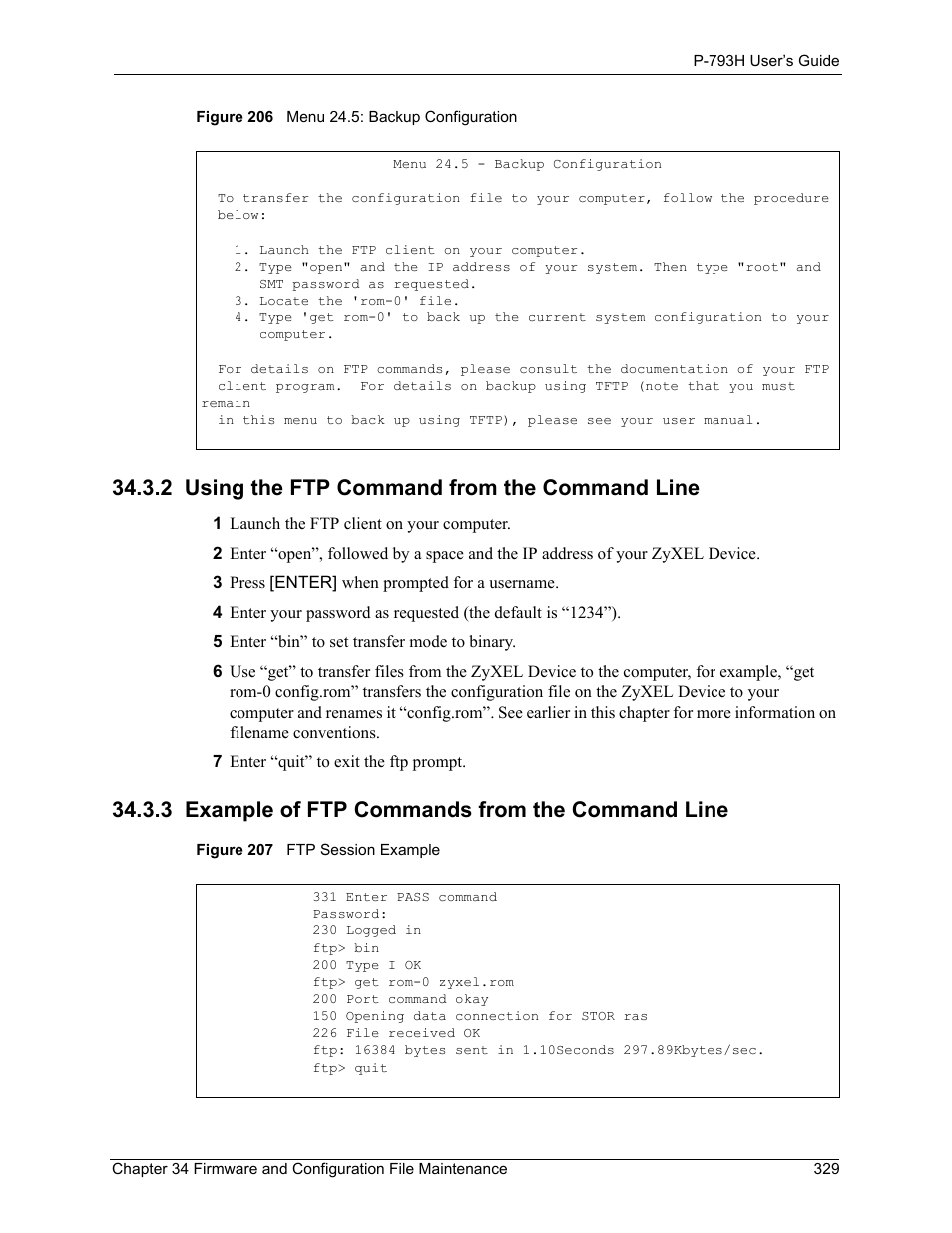 2 using the ftp command from the command line, 3 example of ftp commands from the command line | ZyXEL Communications G.SHDSL.bis 4-port Security Gateway P-793H User Manual | Page 329 / 432