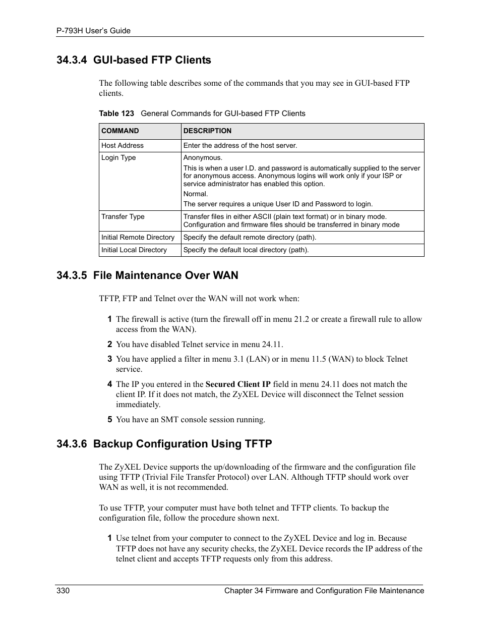 4 gui-based ftp clients, 5 file maintenance over wan, 6 backup configuration using tftp | ZyXEL Communications G.SHDSL.bis 4-port Security Gateway P-793H User Manual | Page 330 / 432