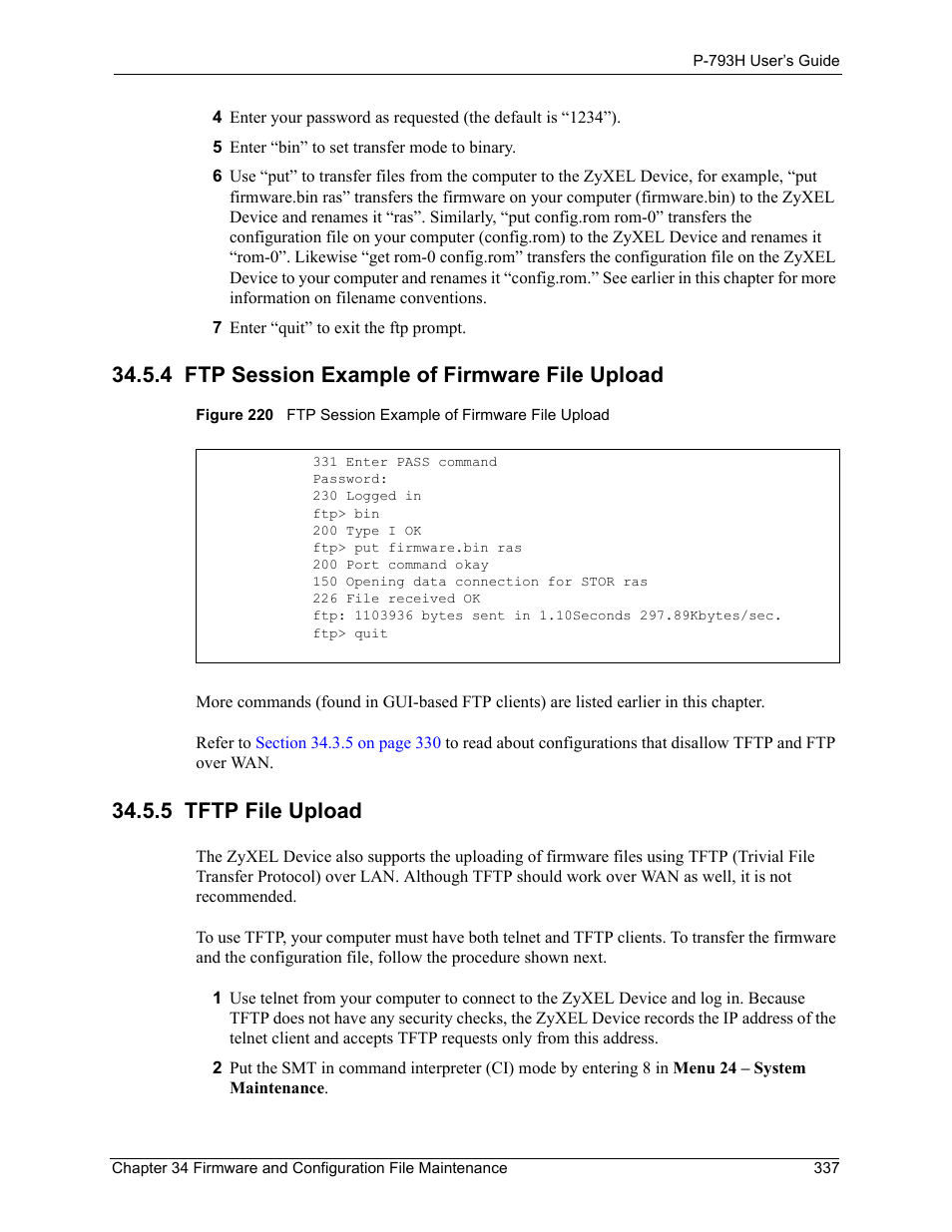 4 ftp session example of firmware file upload, 5 tftp file upload | ZyXEL Communications G.SHDSL.bis 4-port Security Gateway P-793H User Manual | Page 337 / 432