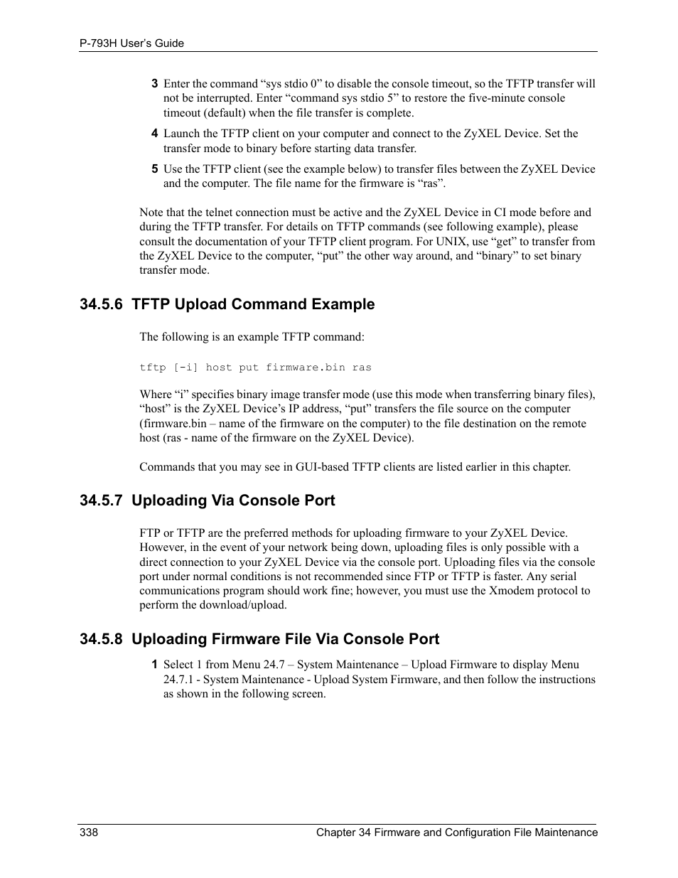6 tftp upload command example, 7 uploading via console port, 8 uploading firmware file via console port | ZyXEL Communications G.SHDSL.bis 4-port Security Gateway P-793H User Manual | Page 338 / 432