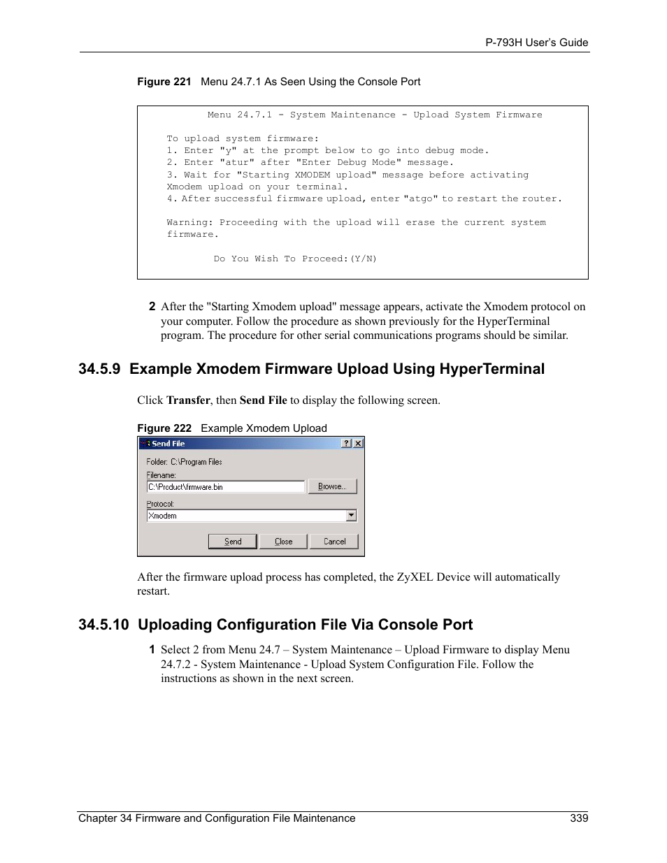 10 uploading configuration file via console port | ZyXEL Communications G.SHDSL.bis 4-port Security Gateway P-793H User Manual | Page 339 / 432