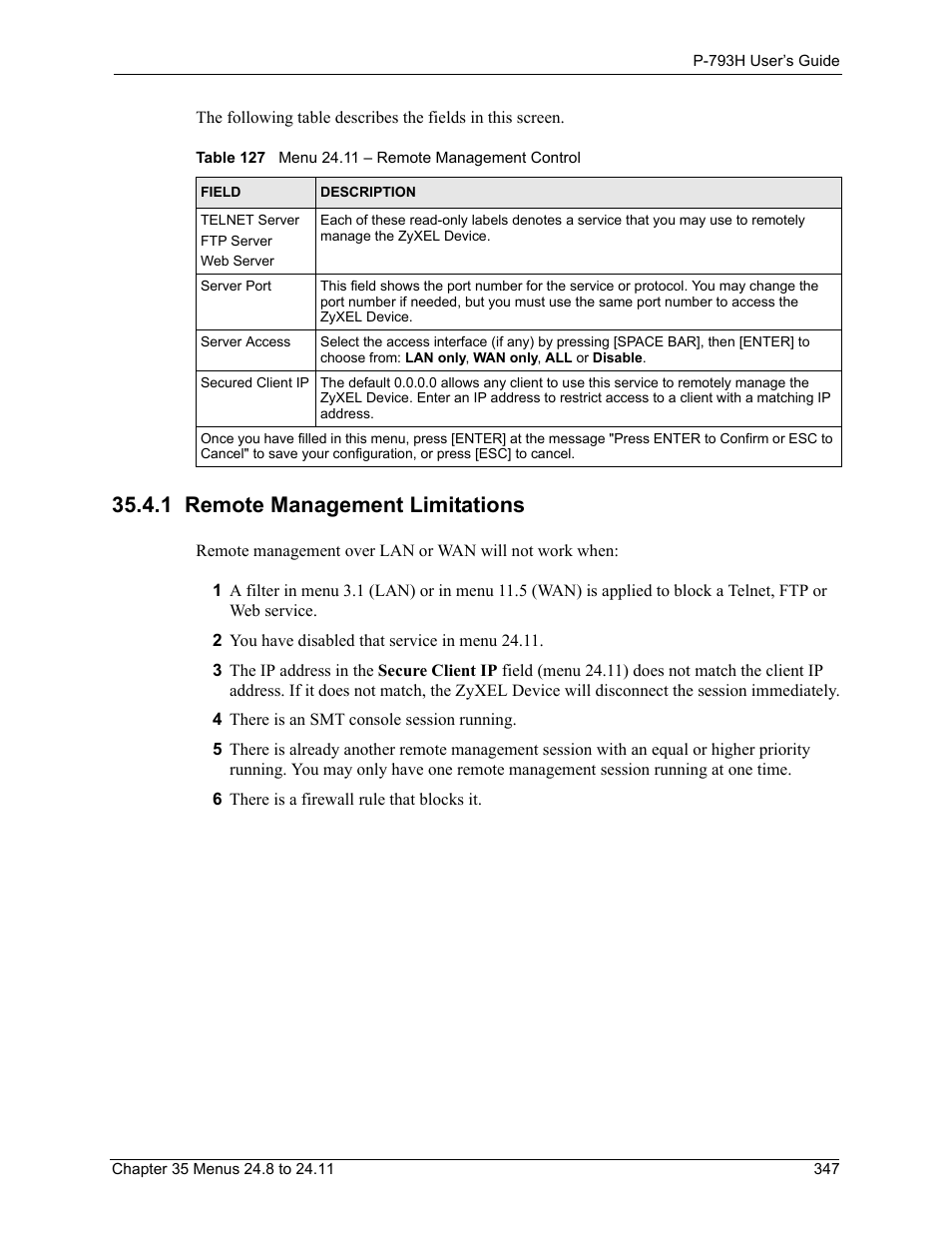 1 remote management limitations, Table 127 menu 24.11 – remote management control | ZyXEL Communications G.SHDSL.bis 4-port Security Gateway P-793H User Manual | Page 347 / 432