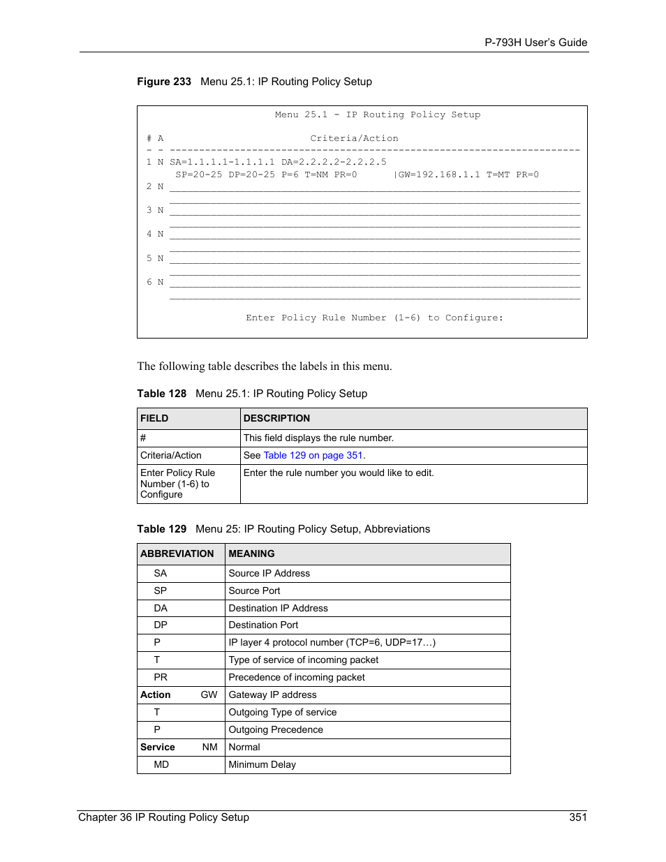 Figure 233 menu 25.1: ip routing policy setup | ZyXEL Communications G.SHDSL.bis 4-port Security Gateway P-793H User Manual | Page 351 / 432
