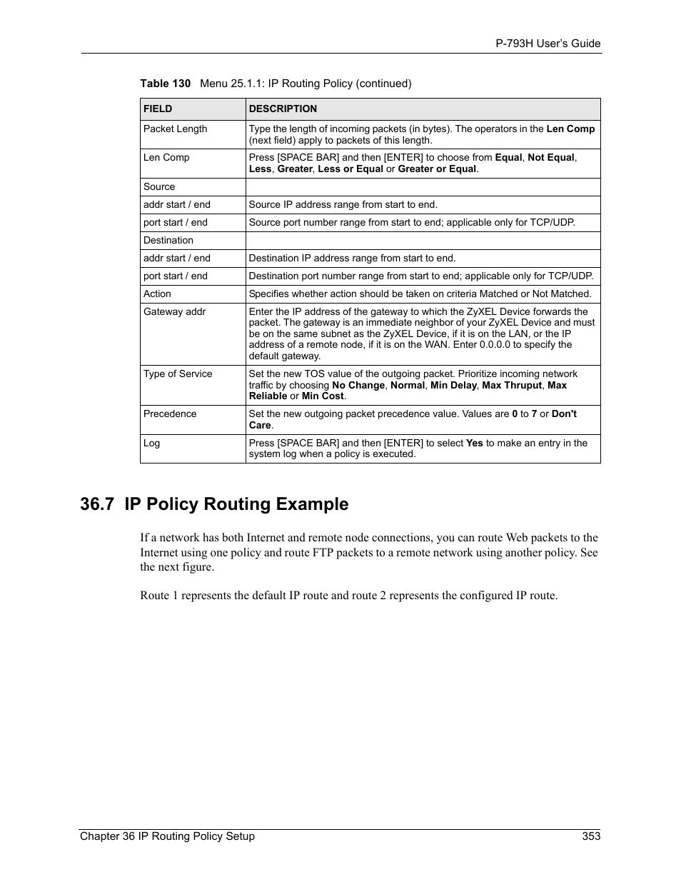 7 ip policy routing example | ZyXEL Communications G.SHDSL.bis 4-port Security Gateway P-793H User Manual | Page 353 / 432