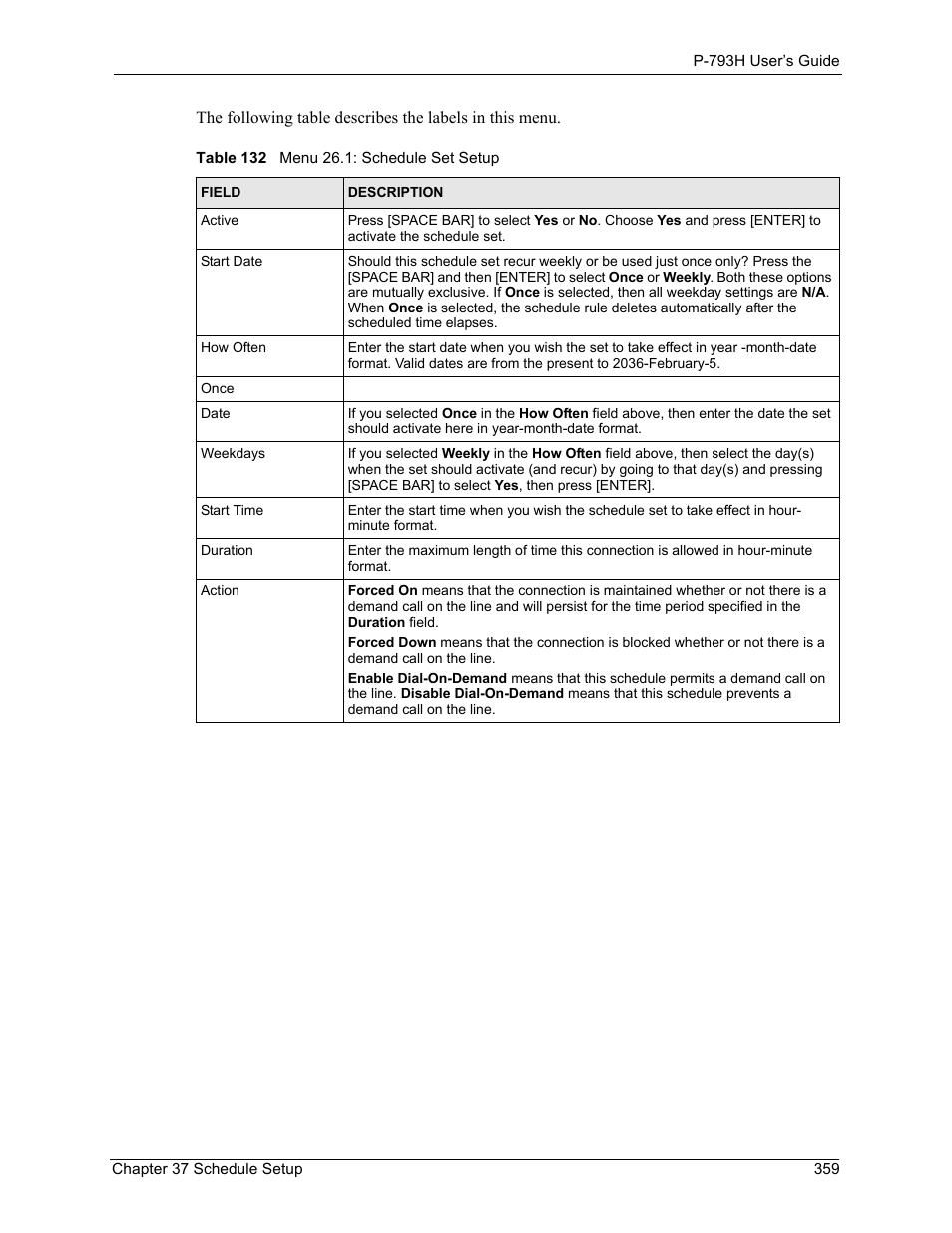 Table 132 menu 26.1: schedule set setup | ZyXEL Communications G.SHDSL.bis 4-port Security Gateway P-793H User Manual | Page 359 / 432