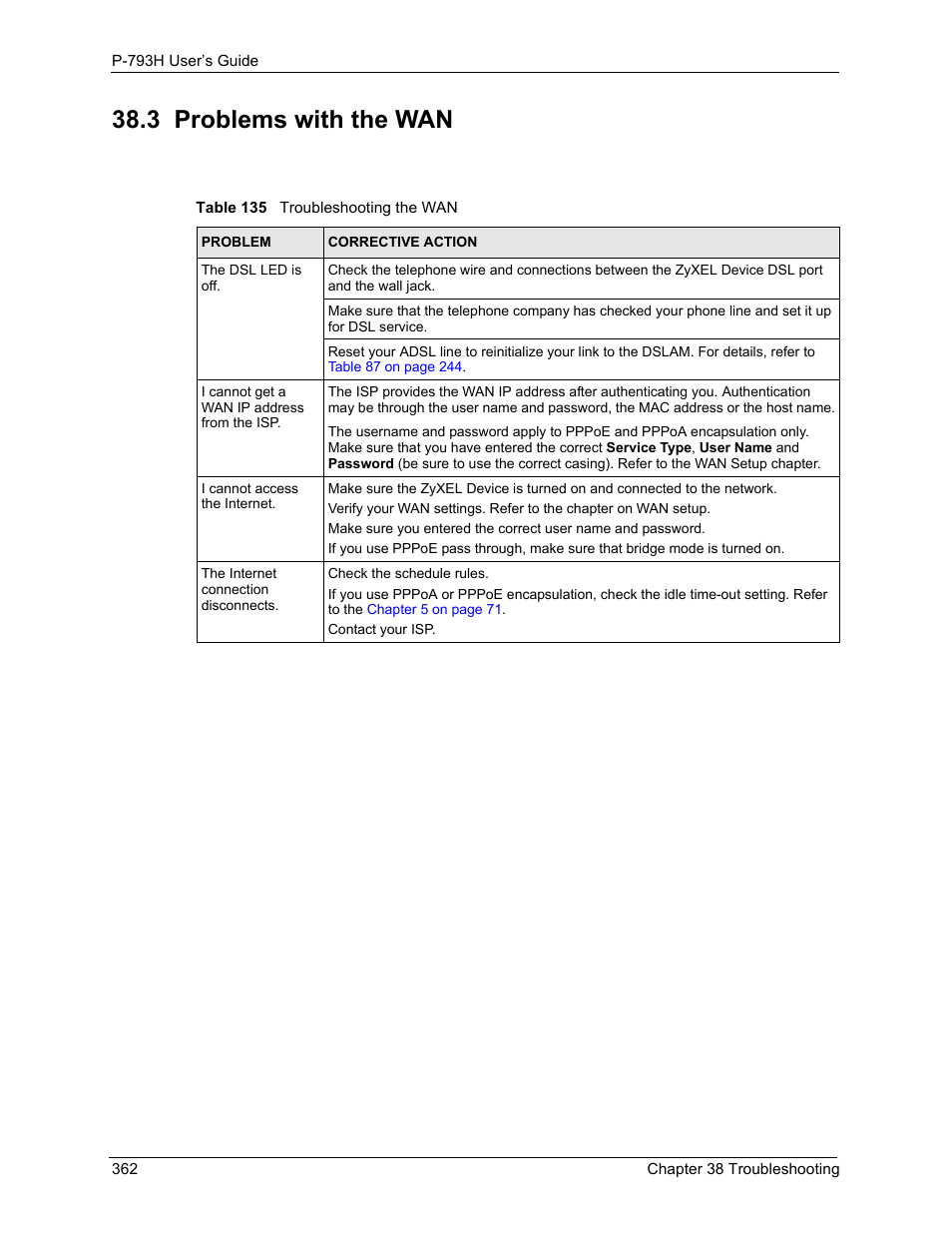 3 problems with the wan, Table 135 troubleshooting the wan | ZyXEL Communications G.SHDSL.bis 4-port Security Gateway P-793H User Manual | Page 362 / 432