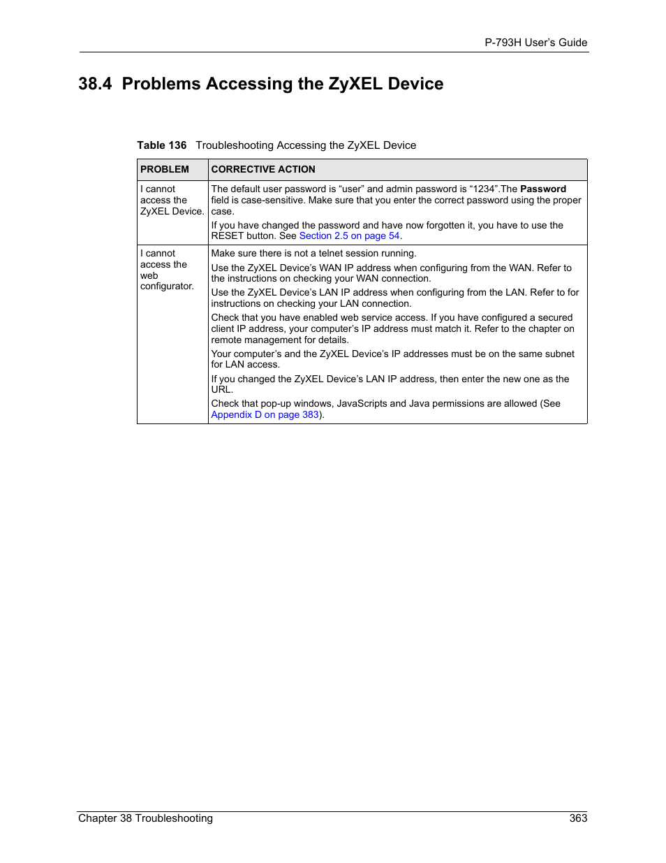 4 problems accessing the zyxel device | ZyXEL Communications G.SHDSL.bis 4-port Security Gateway P-793H User Manual | Page 363 / 432