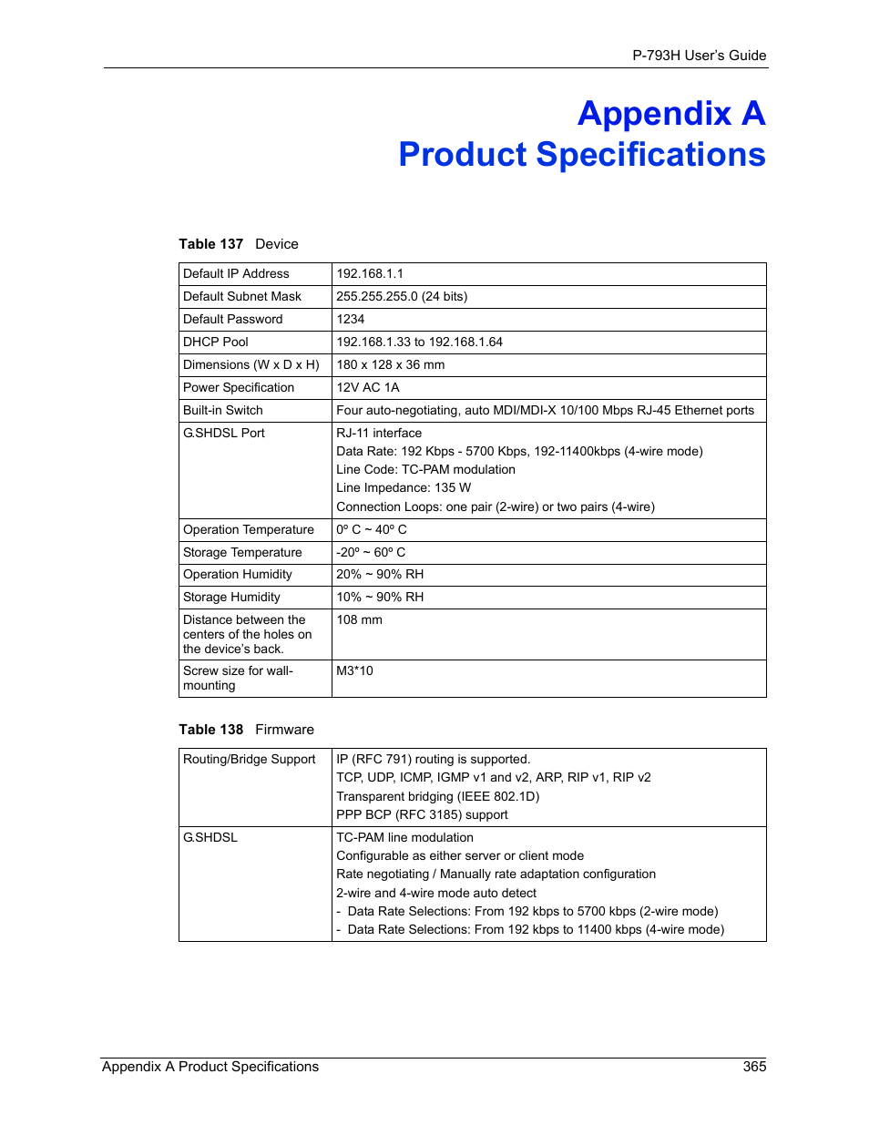 Product specifications, Appendix a product specifications, Table 137 device table 138 firmware | ZyXEL Communications G.SHDSL.bis 4-port Security Gateway P-793H User Manual | Page 365 / 432