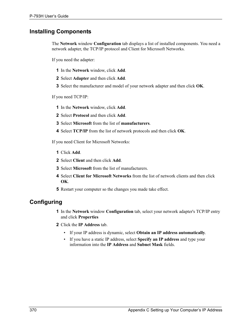 Installing components, Configuring | ZyXEL Communications G.SHDSL.bis 4-port Security Gateway P-793H User Manual | Page 370 / 432