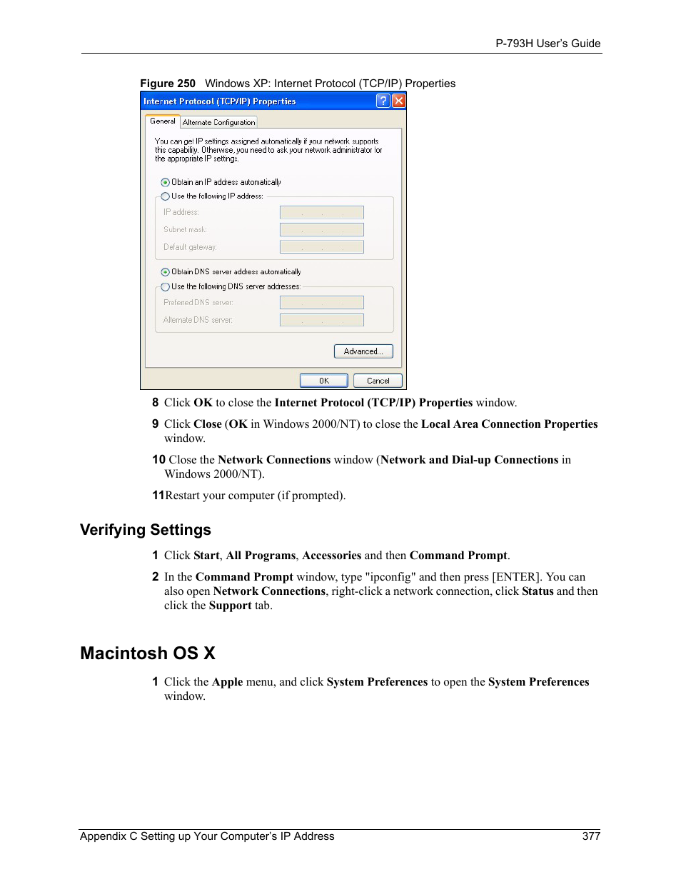 Verifying settings, Macintosh os x | ZyXEL Communications G.SHDSL.bis 4-port Security Gateway P-793H User Manual | Page 377 / 432