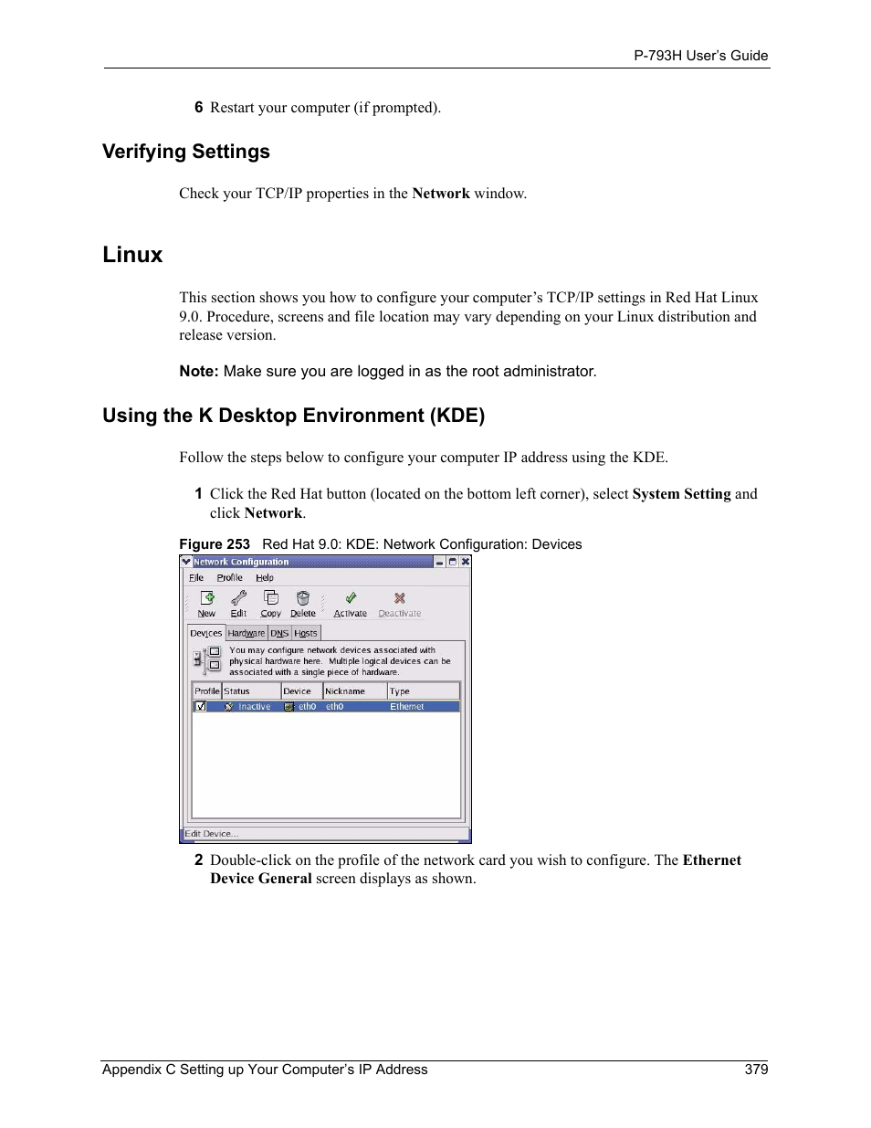 Verifying settings, Linux, Using the k desktop environment (kde) | ZyXEL Communications G.SHDSL.bis 4-port Security Gateway P-793H User Manual | Page 379 / 432