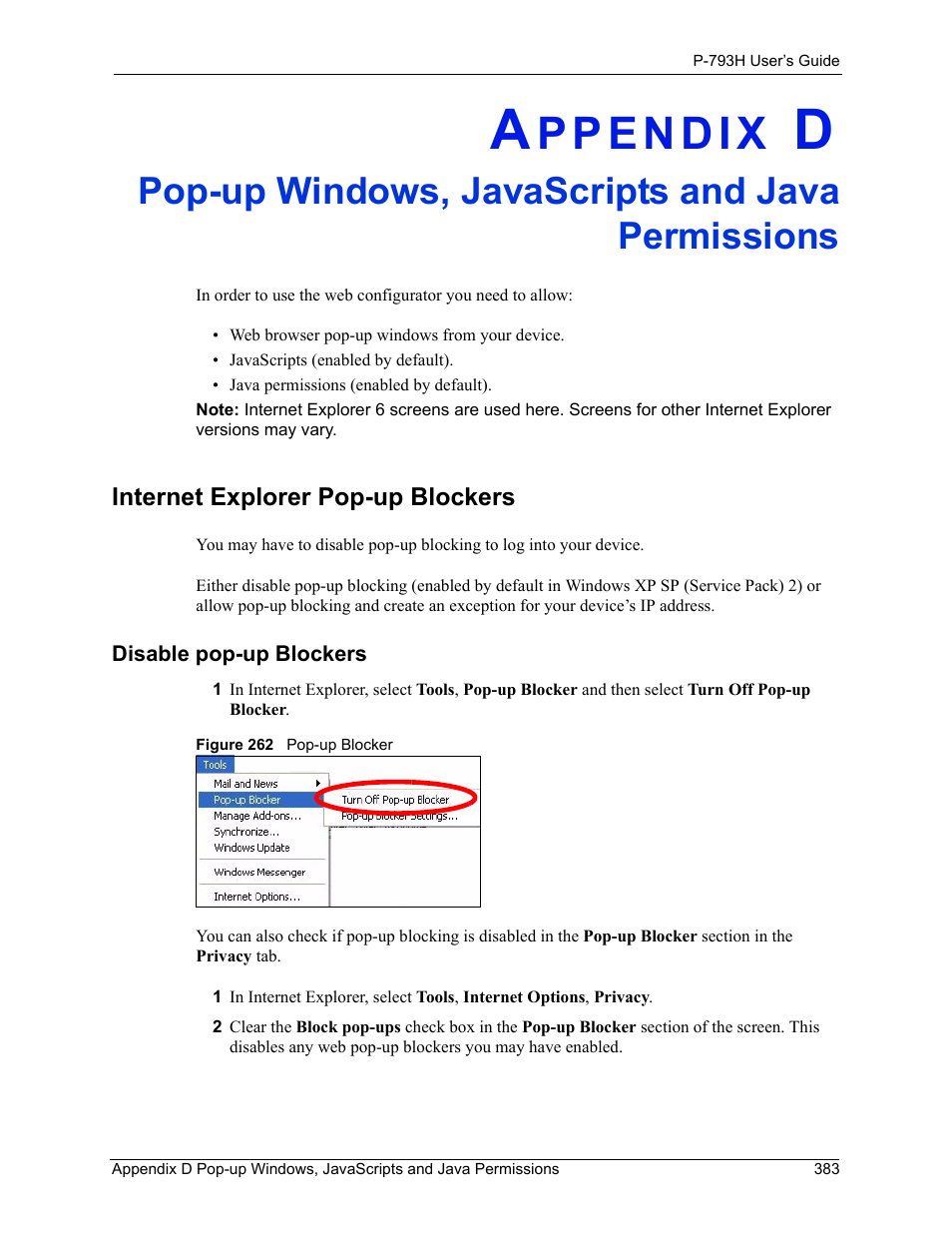 Pop-up windows, javascripts and java permissions, Internet explorer pop-up blockers, Disable pop-up blockers | Figure 262 pop-up blocker | ZyXEL Communications G.SHDSL.bis 4-port Security Gateway P-793H User Manual | Page 383 / 432
