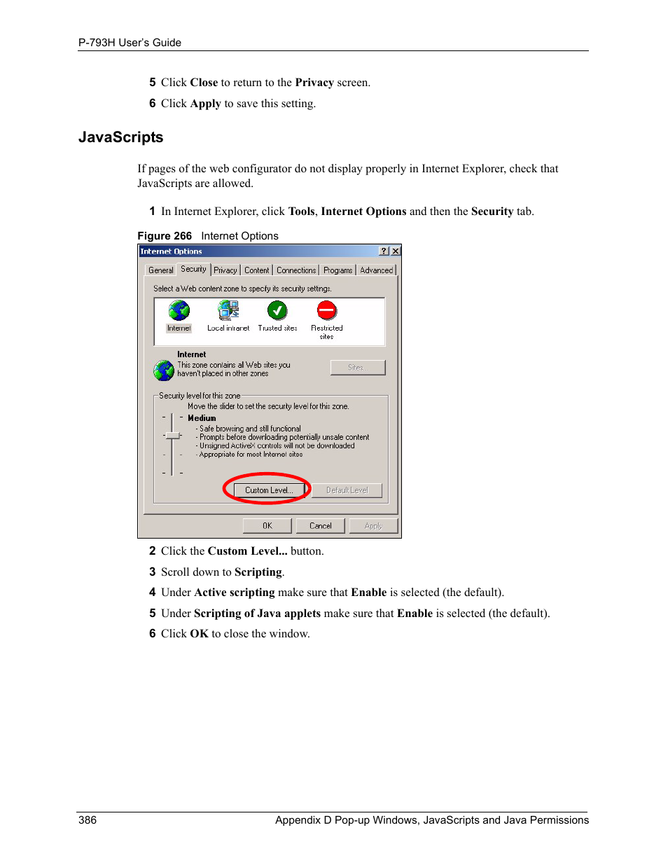 Javascripts, Figure 266 internet options | ZyXEL Communications G.SHDSL.bis 4-port Security Gateway P-793H User Manual | Page 386 / 432