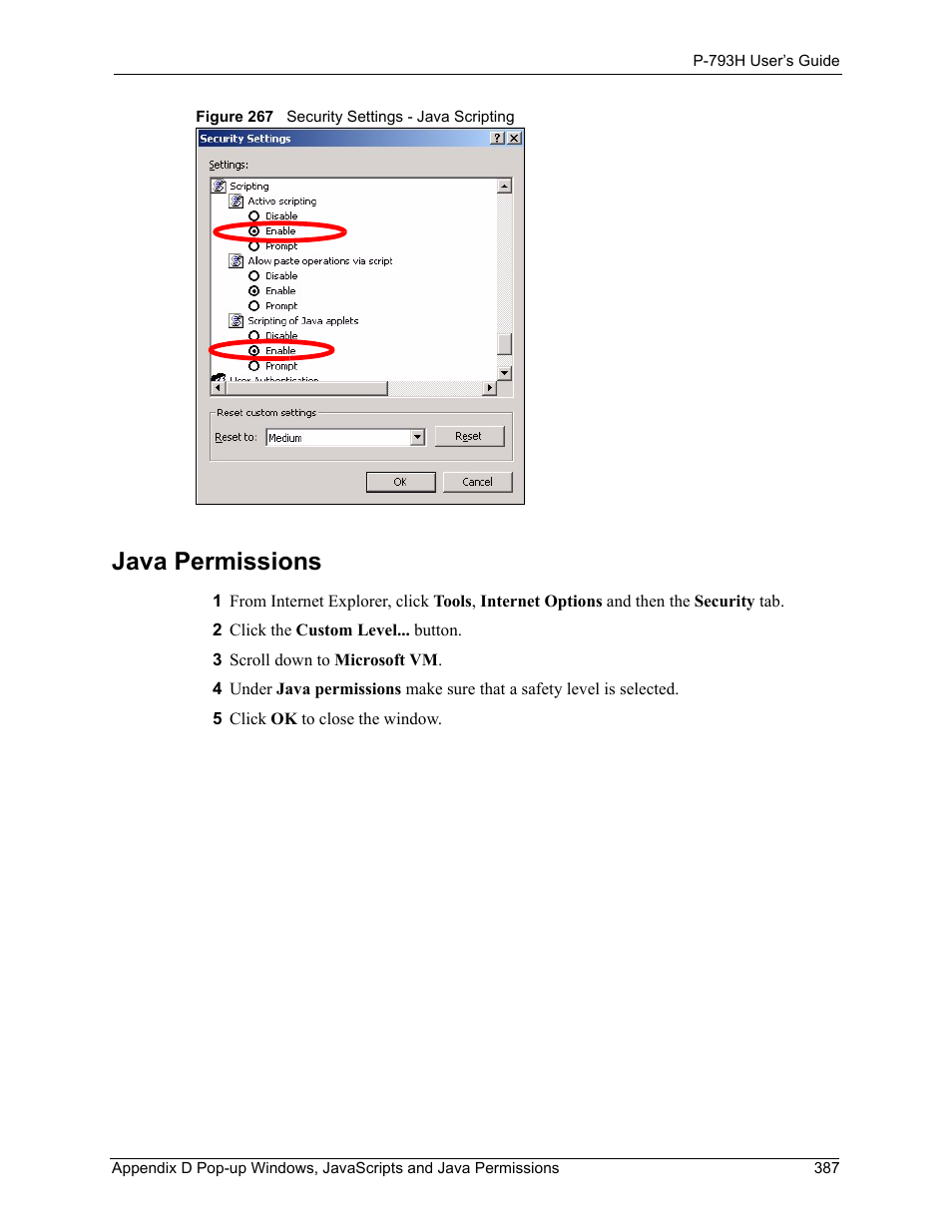 Java permissions, Figure 267 security settings - java scripting | ZyXEL Communications G.SHDSL.bis 4-port Security Gateway P-793H User Manual | Page 387 / 432