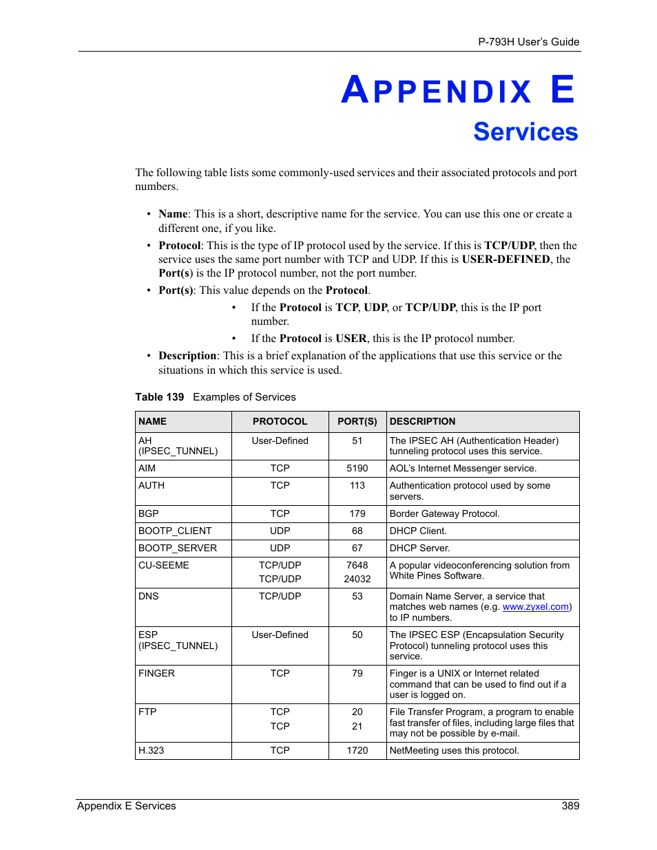 Services, Appendix e services, Table 139 examples of services | Appendix e on | ZyXEL Communications G.SHDSL.bis 4-port Security Gateway P-793H User Manual | Page 389 / 432