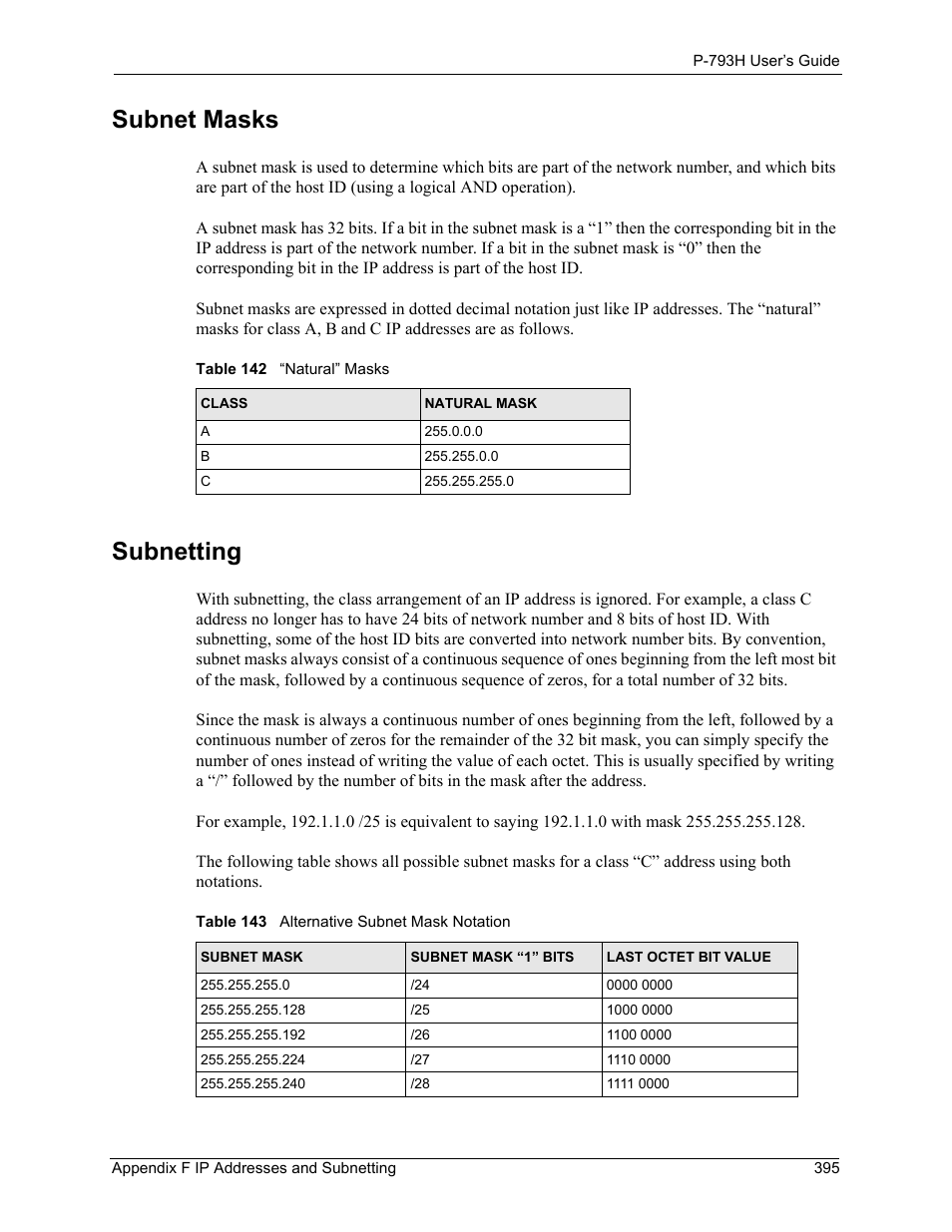 Subnet masks, Subnetting, Subnet masks subnetting | ZyXEL Communications G.SHDSL.bis 4-port Security Gateway P-793H User Manual | Page 395 / 432