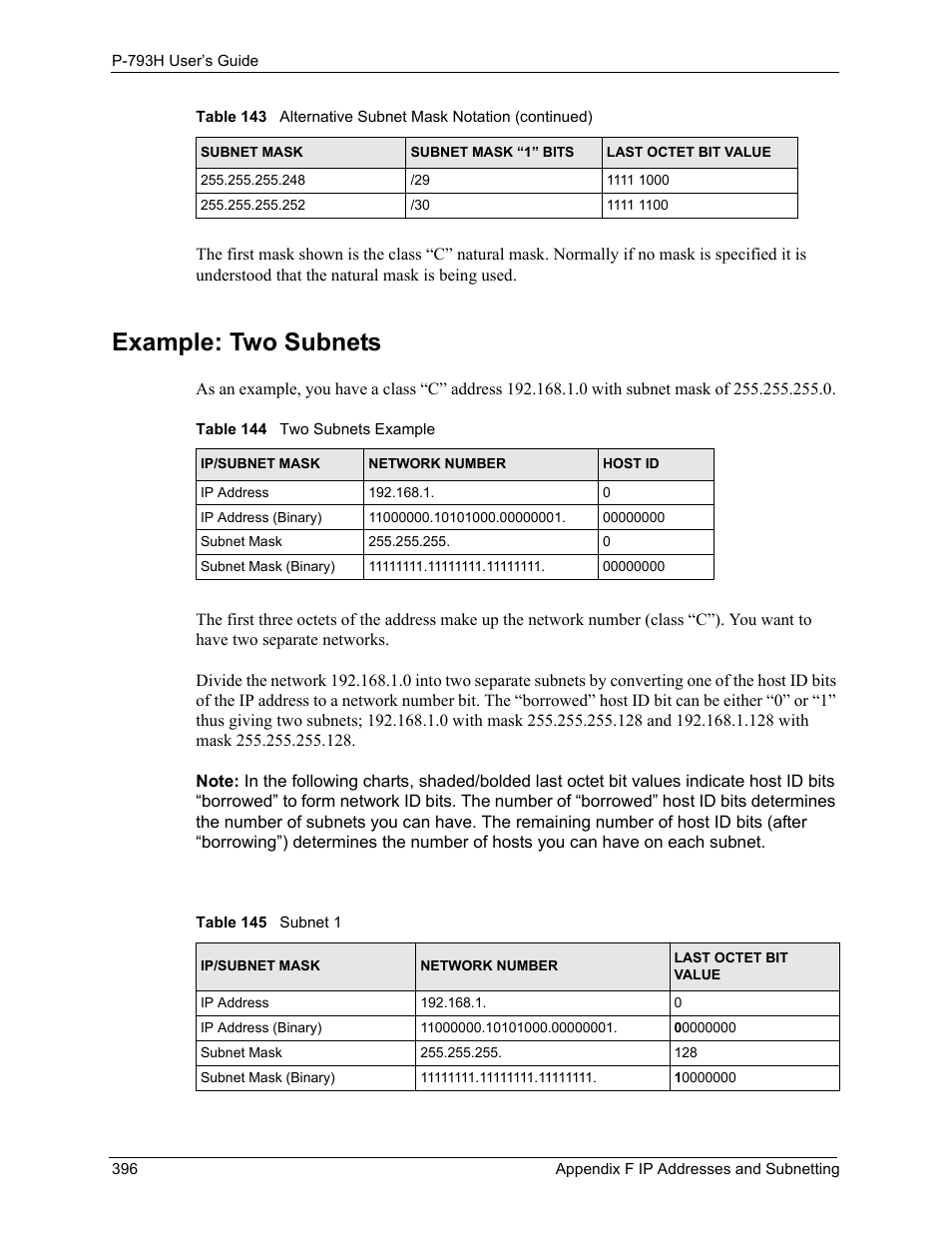 Example: two subnets, Table 144 two subnets example table 145 subnet 1 | ZyXEL Communications G.SHDSL.bis 4-port Security Gateway P-793H User Manual | Page 396 / 432