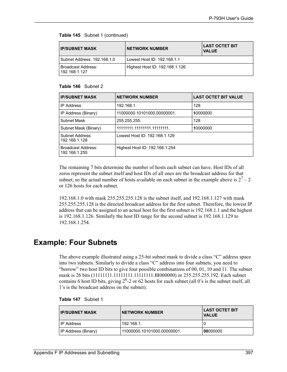 Example: four subnets, Table 146 subnet 2 table 147 subnet 1 | ZyXEL Communications G.SHDSL.bis 4-port Security Gateway P-793H User Manual | Page 397 / 432