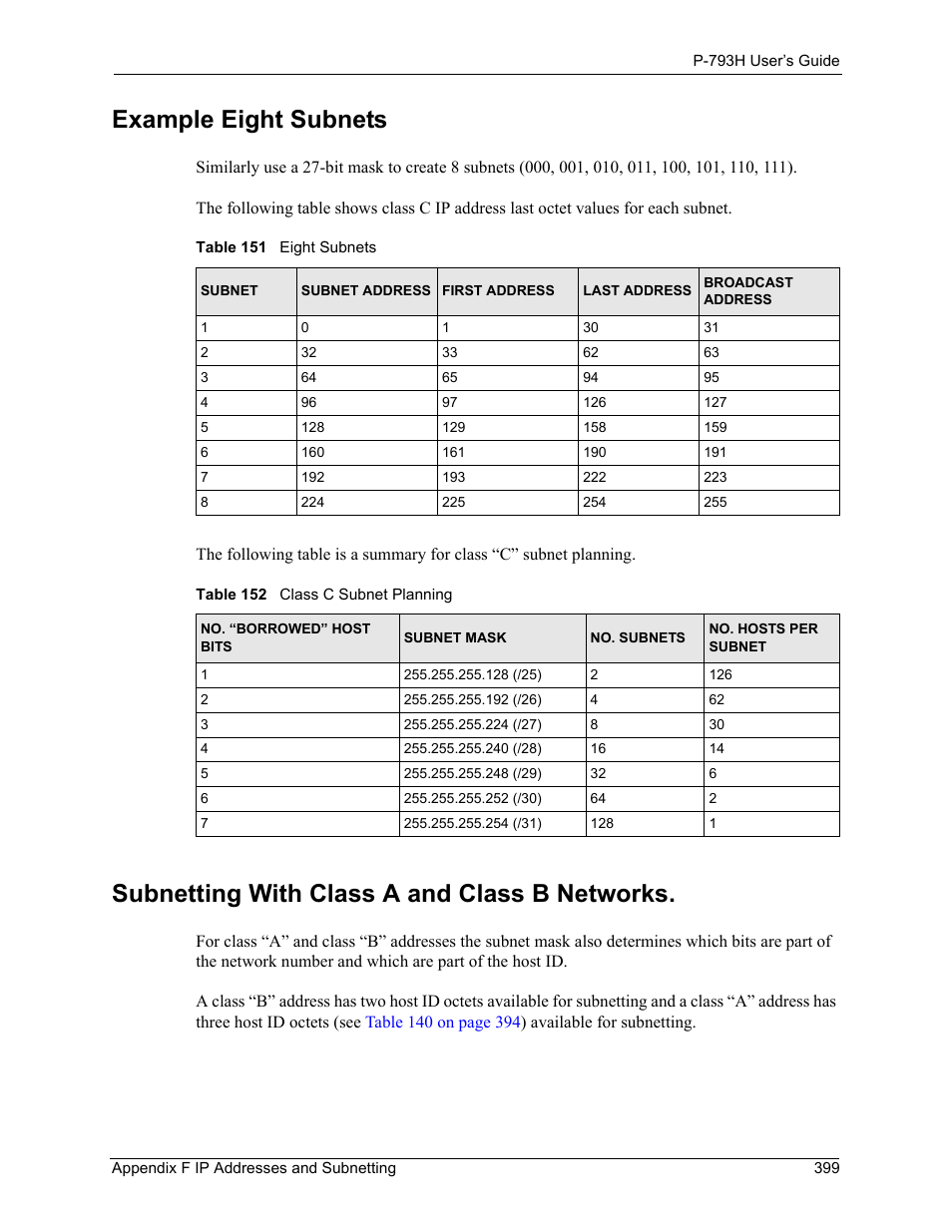 Example eight subnets, Subnetting with class a and class b networks | ZyXEL Communications G.SHDSL.bis 4-port Security Gateway P-793H User Manual | Page 399 / 432