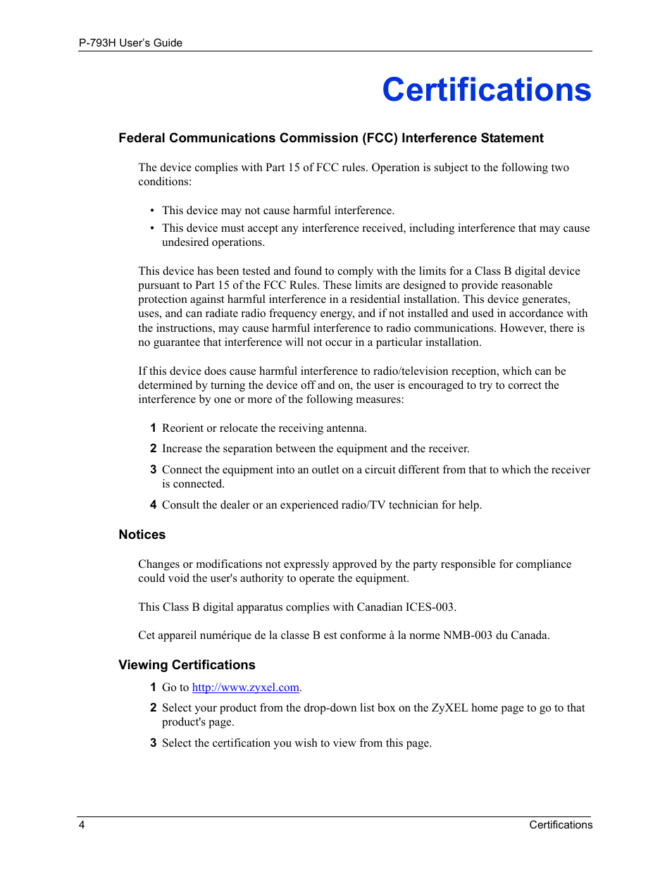 Certifications | ZyXEL Communications G.SHDSL.bis 4-port Security Gateway P-793H User Manual | Page 4 / 432