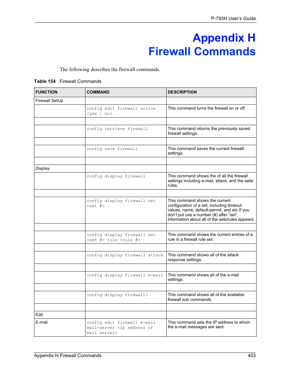 Firewall commands, Appendix h firewall commands, Table 154 firewall commands | ZyXEL Communications G.SHDSL.bis 4-port Security Gateway P-793H User Manual | Page 403 / 432