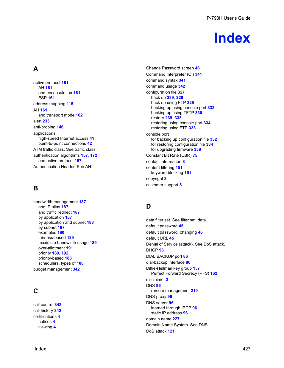 Index | ZyXEL Communications G.SHDSL.bis 4-port Security Gateway P-793H User Manual | Page 427 / 432