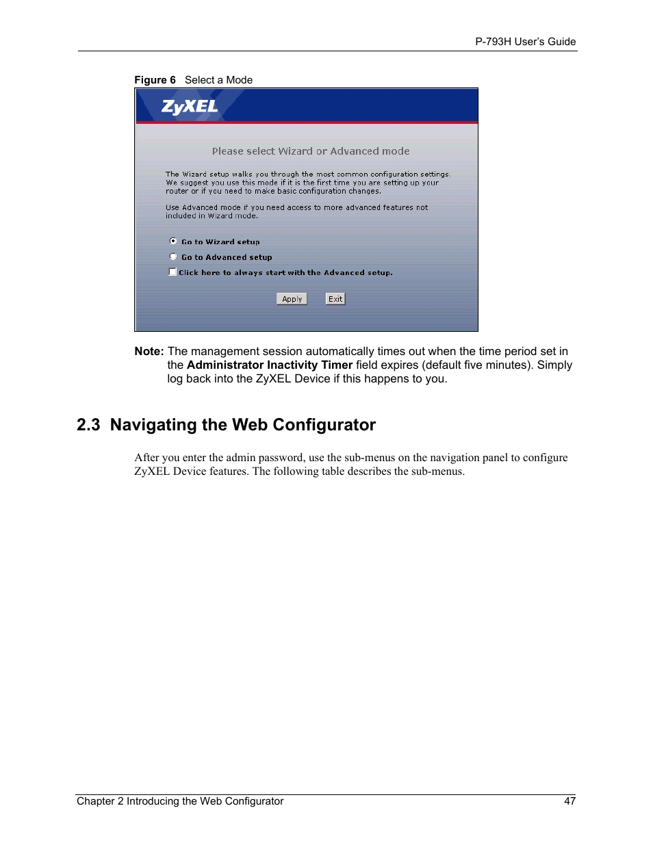 3 navigating the web configurator, Figure 6 select a mode | ZyXEL Communications G.SHDSL.bis 4-port Security Gateway P-793H User Manual | Page 47 / 432