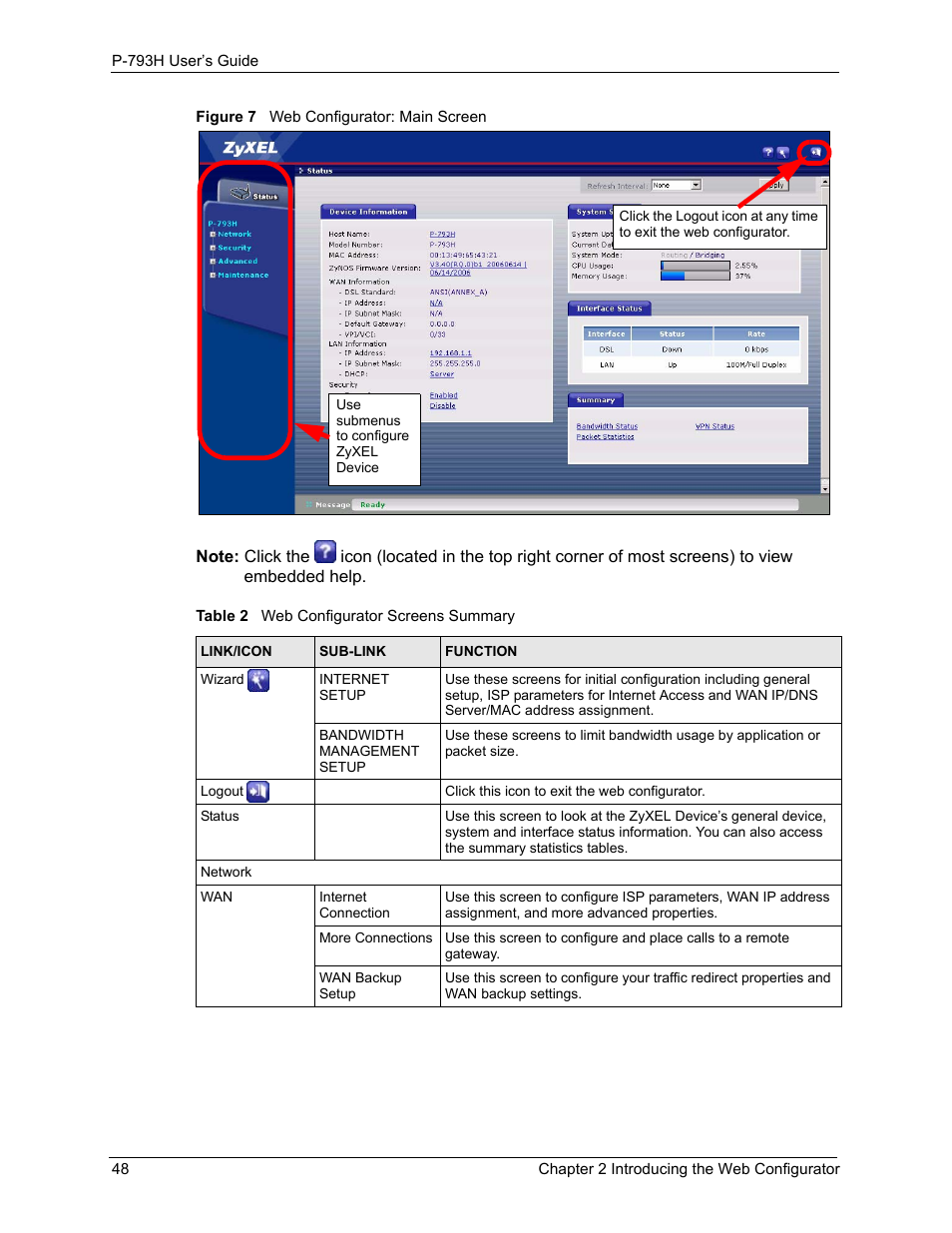 Figure 7 web configurator: main screen, Table 2 web configurator screens summary | ZyXEL Communications G.SHDSL.bis 4-port Security Gateway P-793H User Manual | Page 48 / 432
