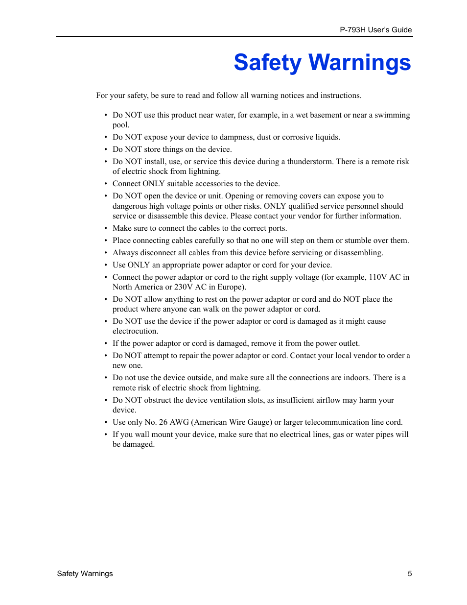 Safety warnings | ZyXEL Communications G.SHDSL.bis 4-port Security Gateway P-793H User Manual | Page 5 / 432