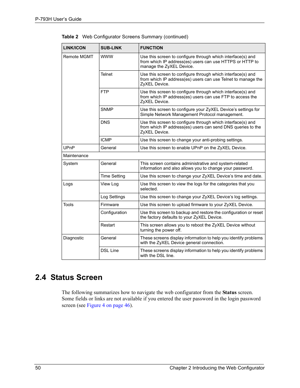 4 status screen | ZyXEL Communications G.SHDSL.bis 4-port Security Gateway P-793H User Manual | Page 50 / 432