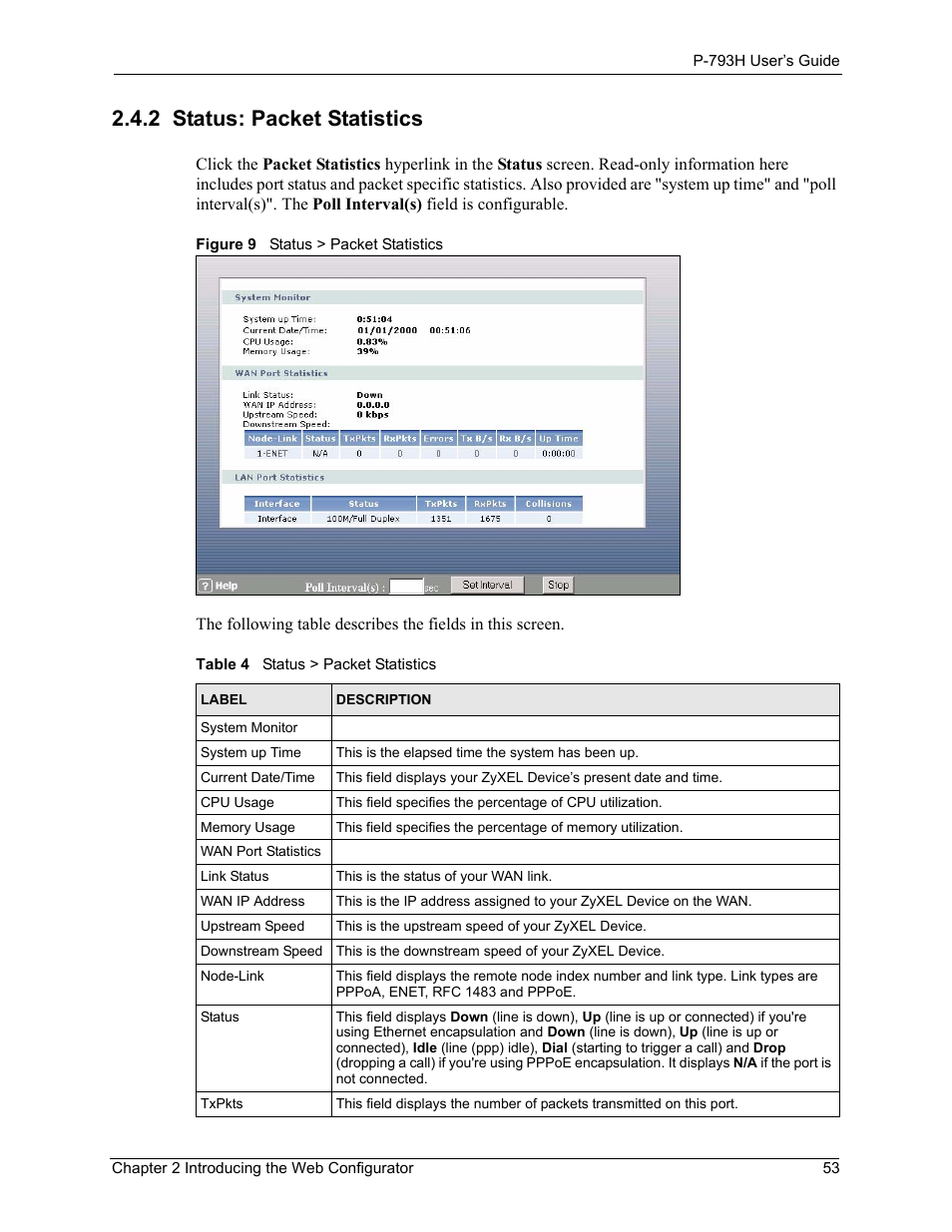 2 status: packet statistics, Figure 9 status > packet statistics, Table 4 status > packet statistics | ZyXEL Communications G.SHDSL.bis 4-port Security Gateway P-793H User Manual | Page 53 / 432